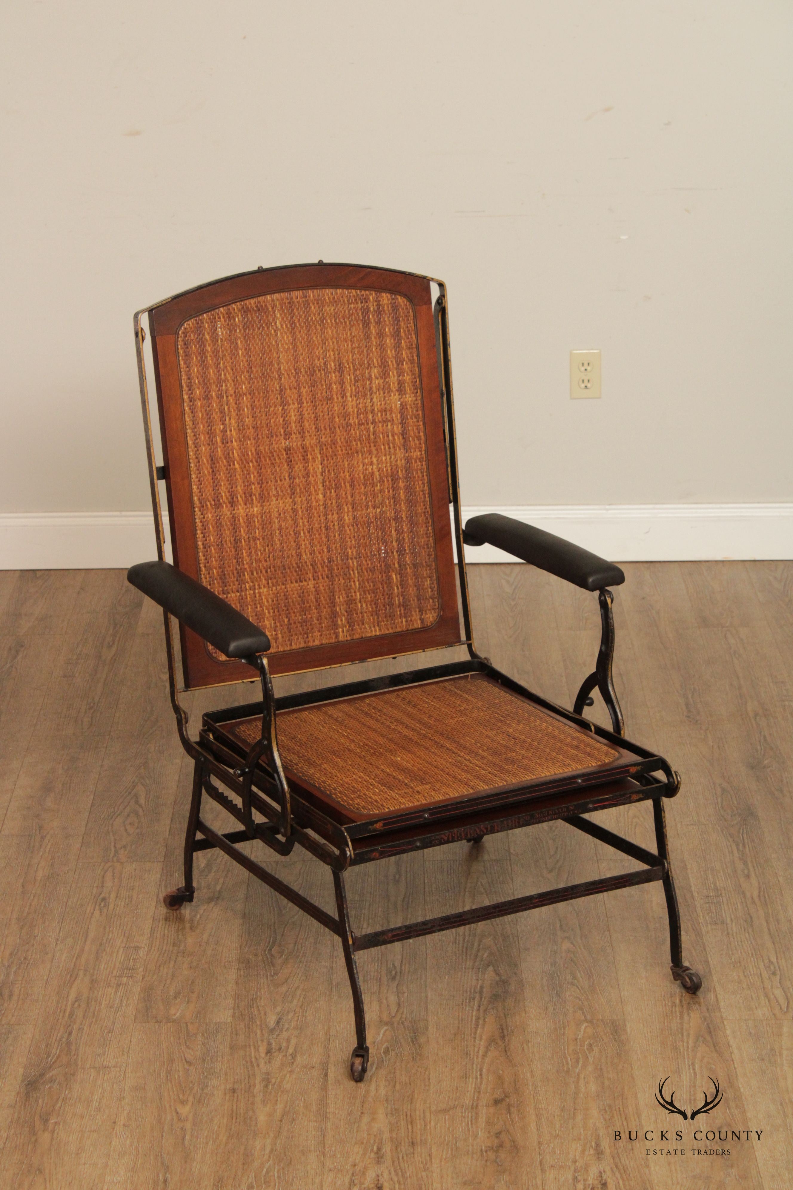 Antique Campaign Cane, Walnut and Iron Adjustable Chaise Lounge Chair