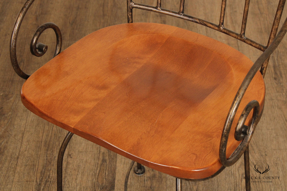 Tuscan Style Set Of 3 Wrought Iron and Wood Swivel Counter Stools