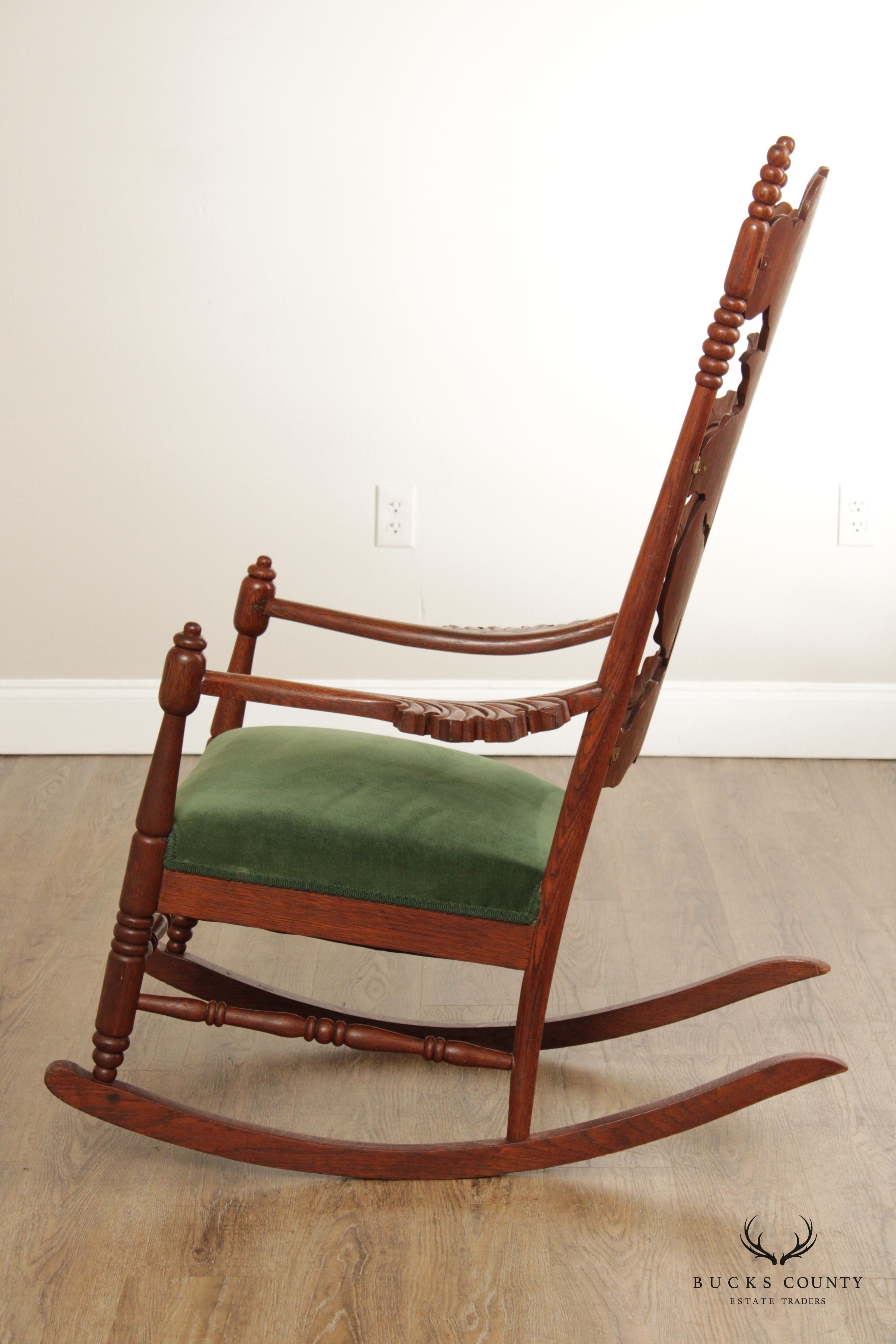 Art Nouveau Antique Peace Lily Carved Oak Rocking Chair