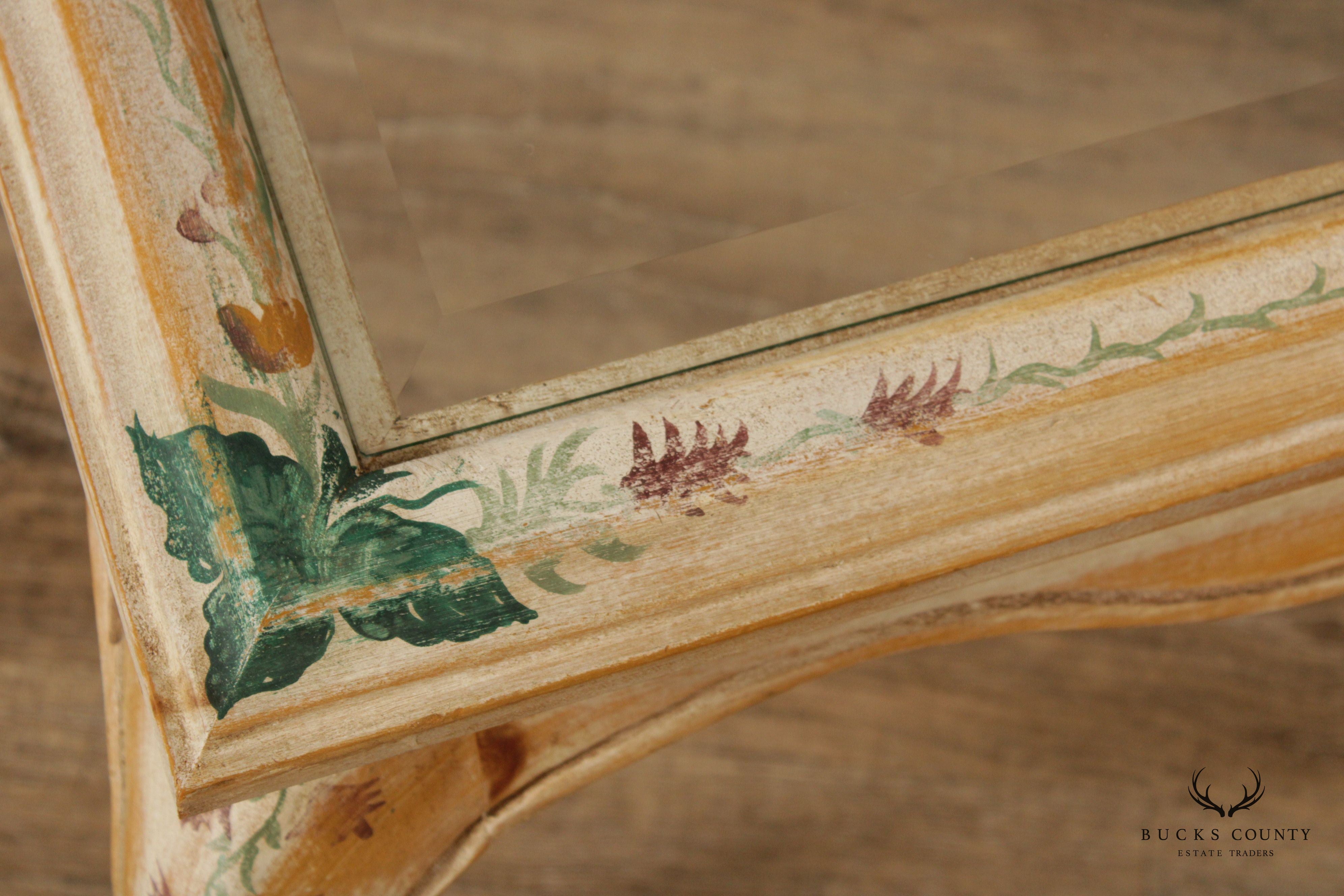 French Style Pair Paint Decorated Glass Top End Tables