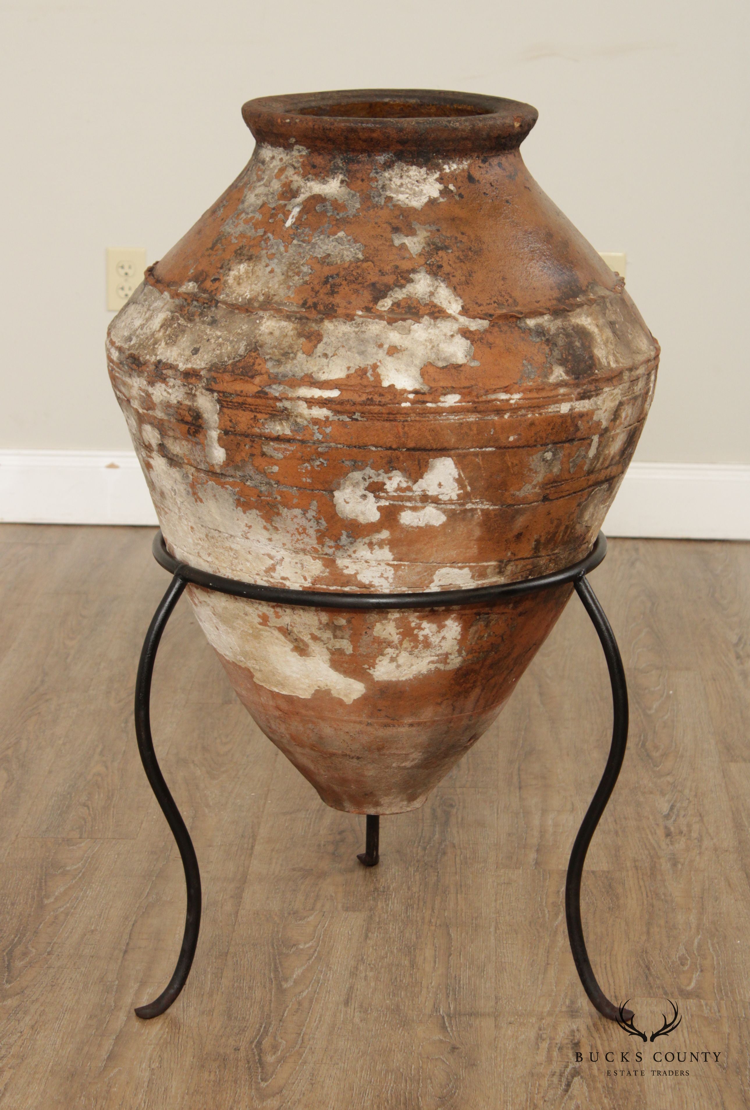 Antique Mediterranean Large Terra Cotta Amphora Floor Vase on Stand