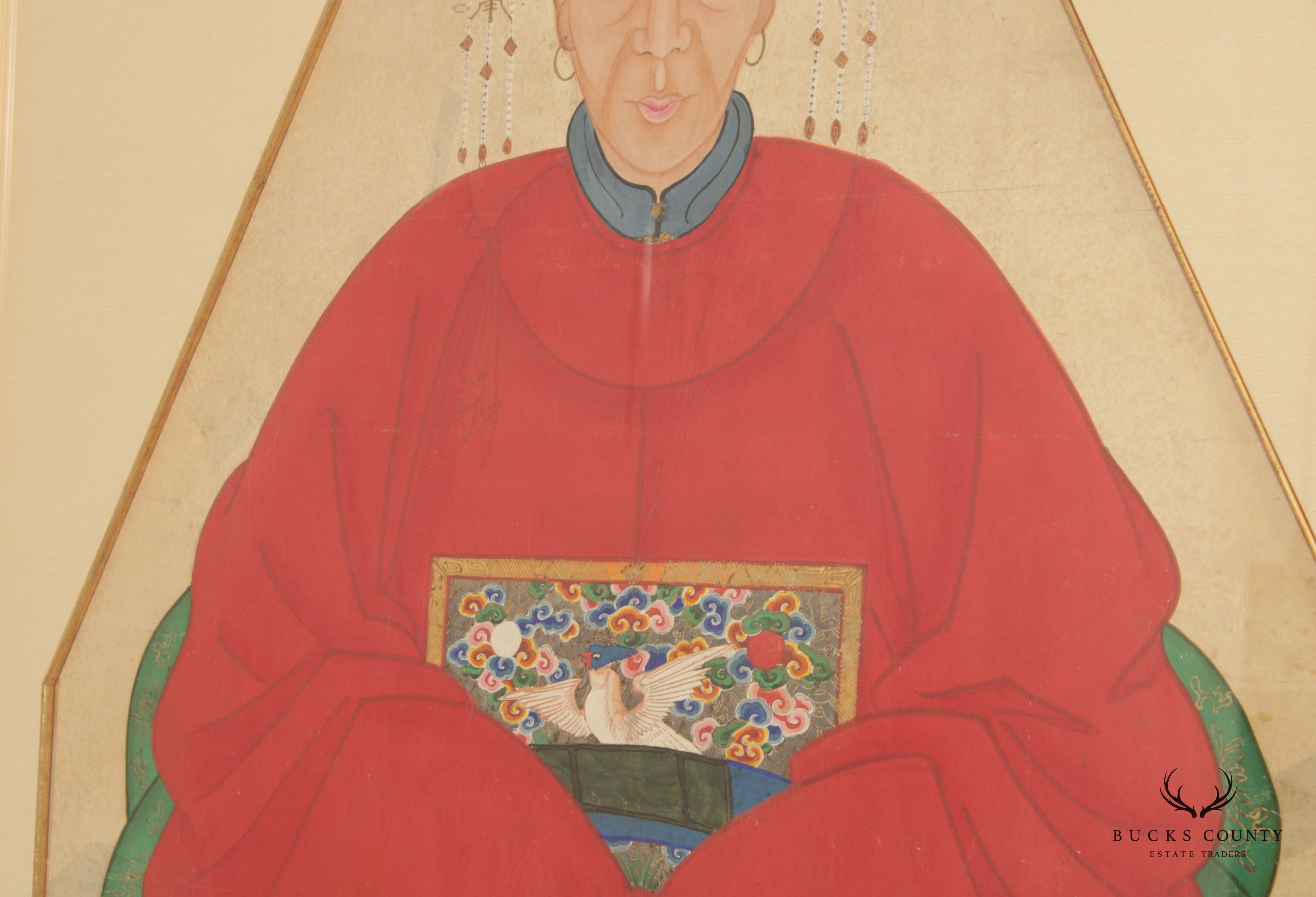 Antique Chineses Pair Ancestral Watercolor Portraits