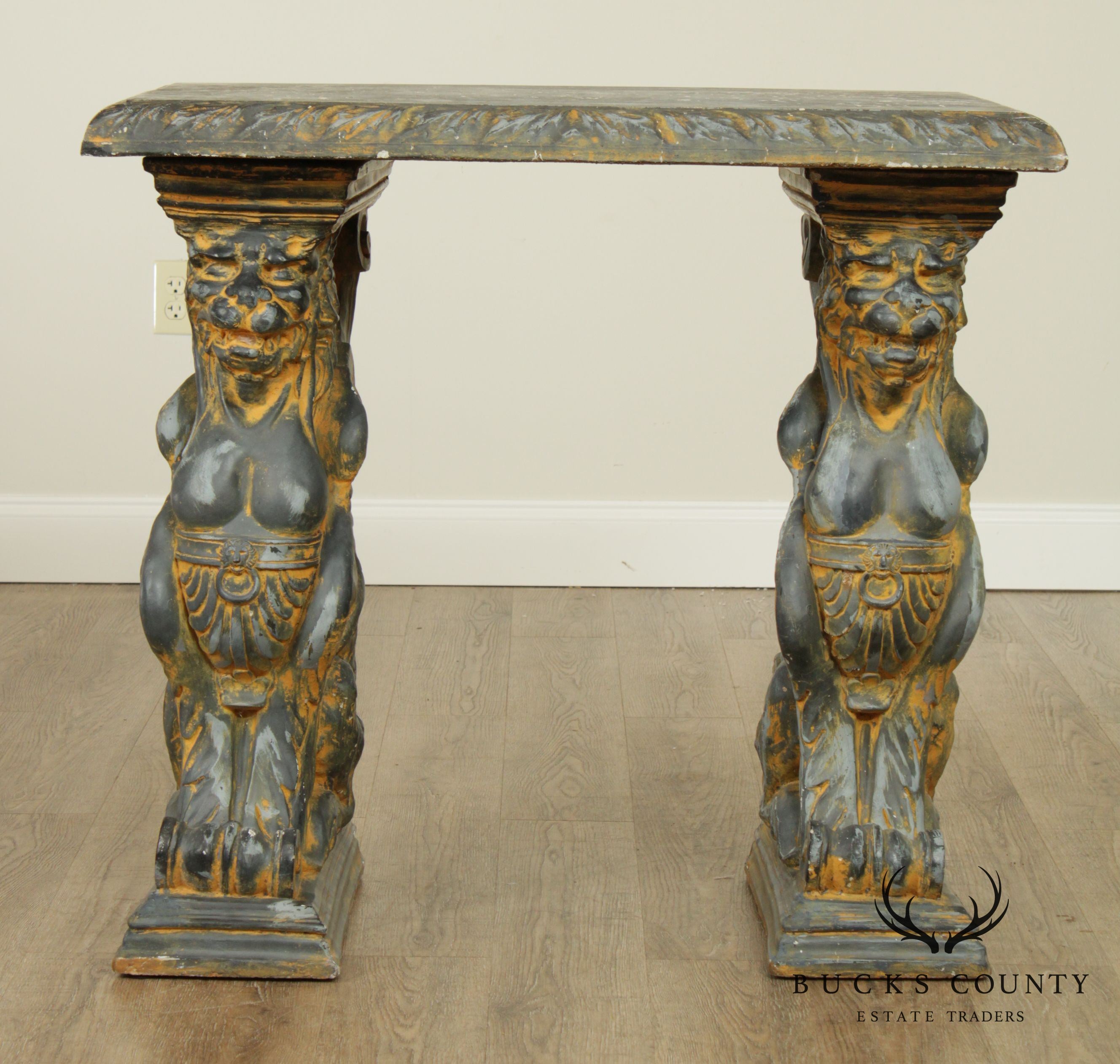 Vintage Cast Stone Winged Griffin Console Table