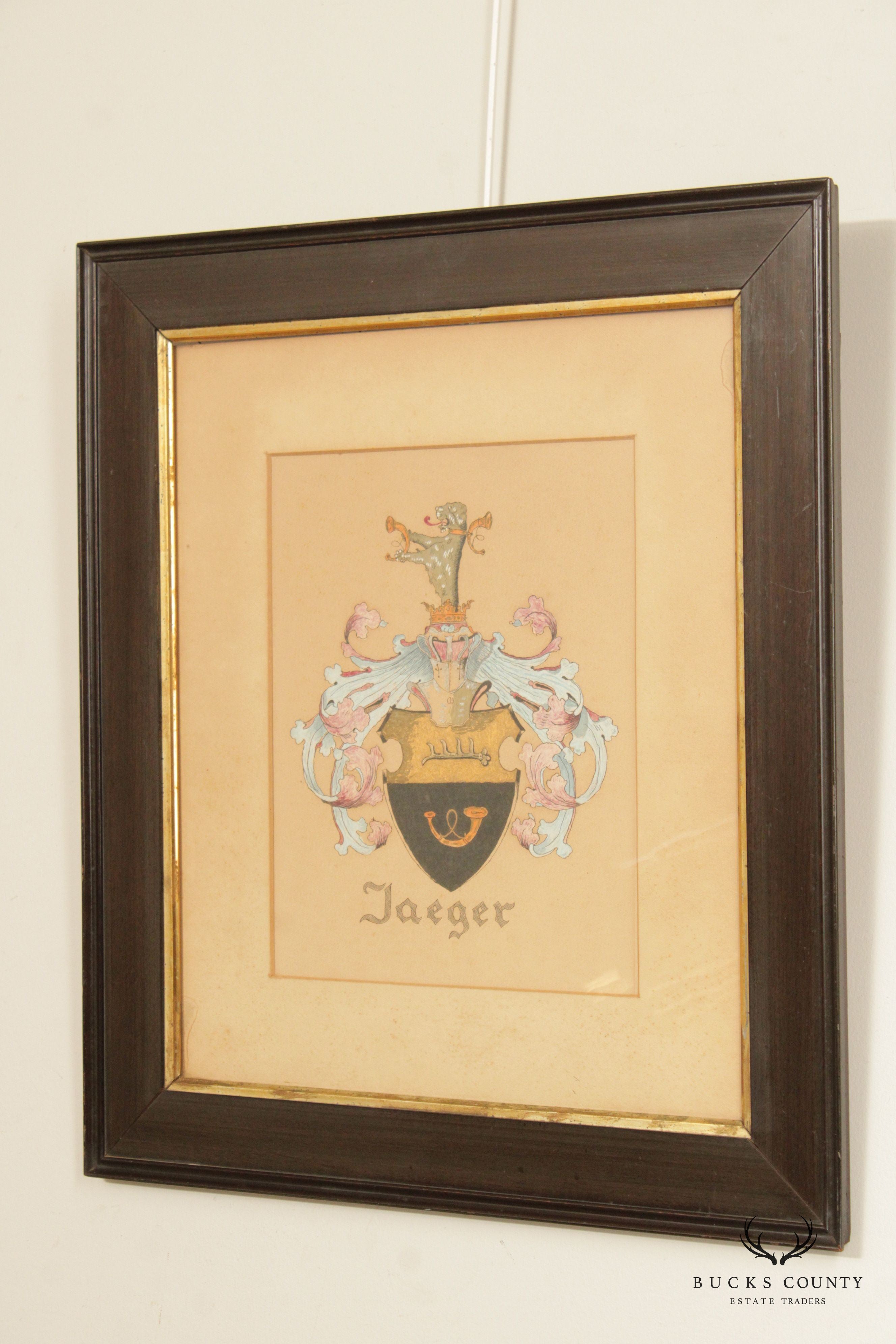 Vintage German 'Jaeger' Coat of Arms Crest, Custom Framed
