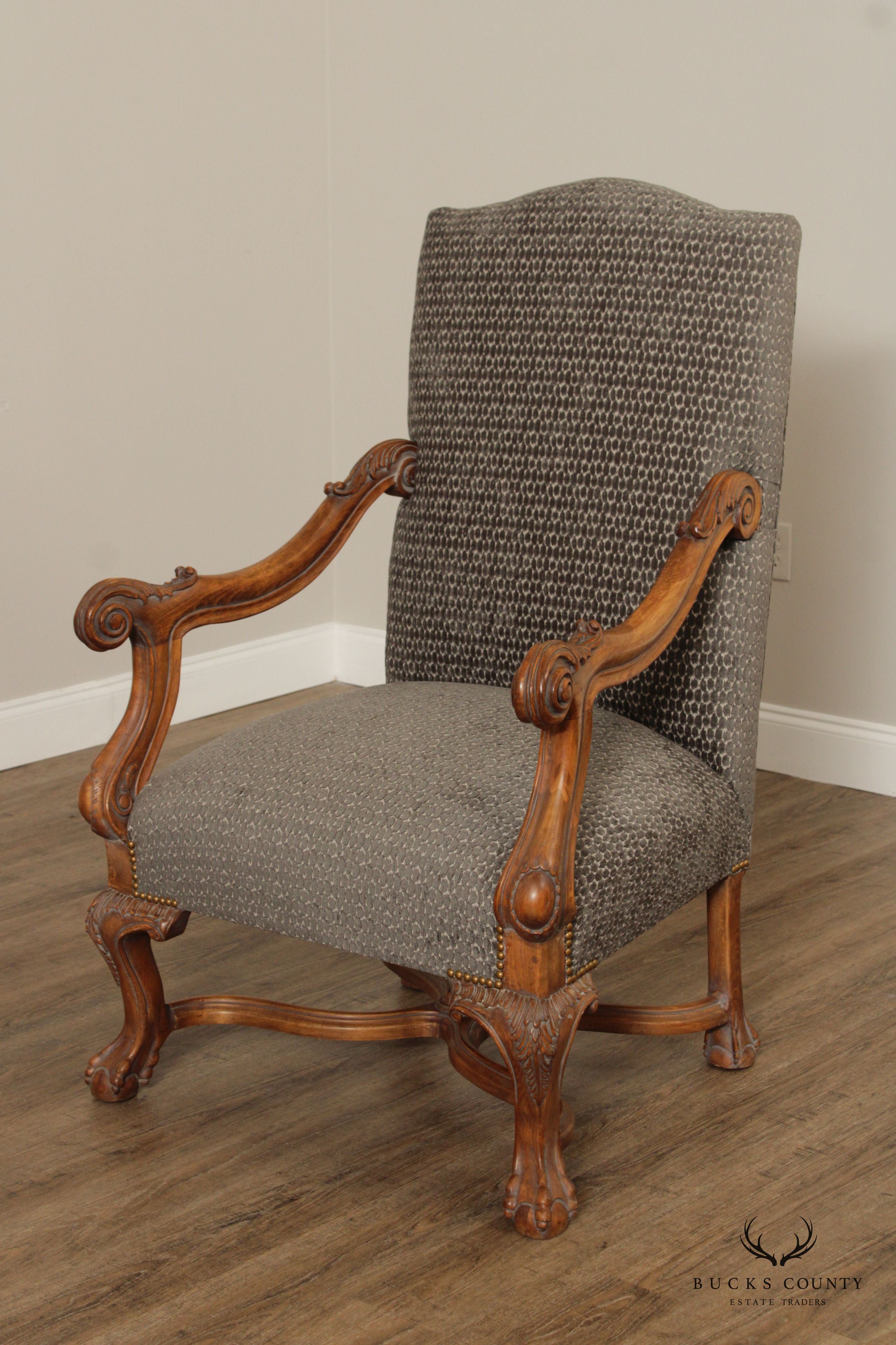 French Renaissance Revival Style Quality Pair of Carved And Upholstered Armchairs