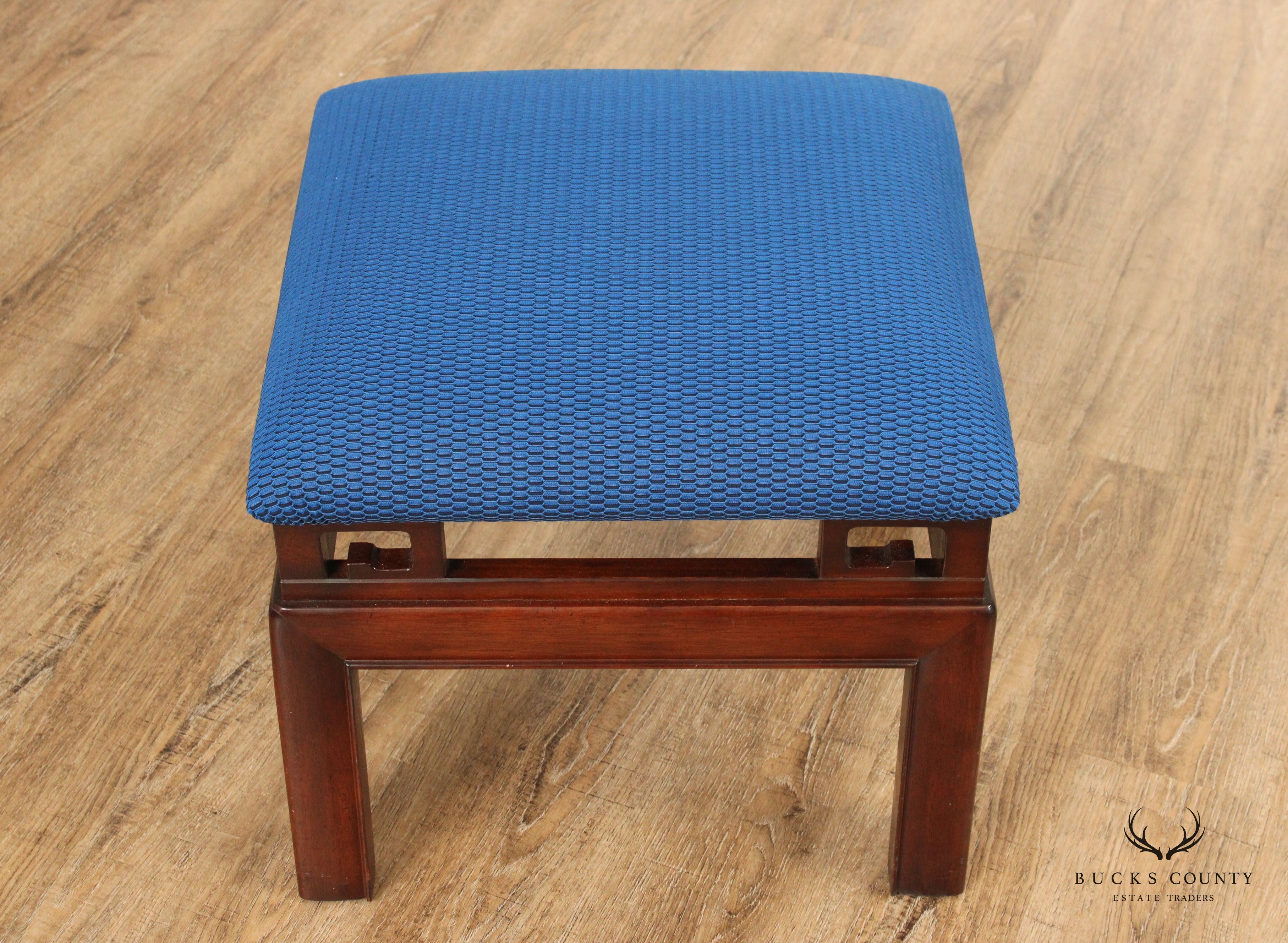 Asian Inspired Pair of Carved Mahogany Upholstered Stools