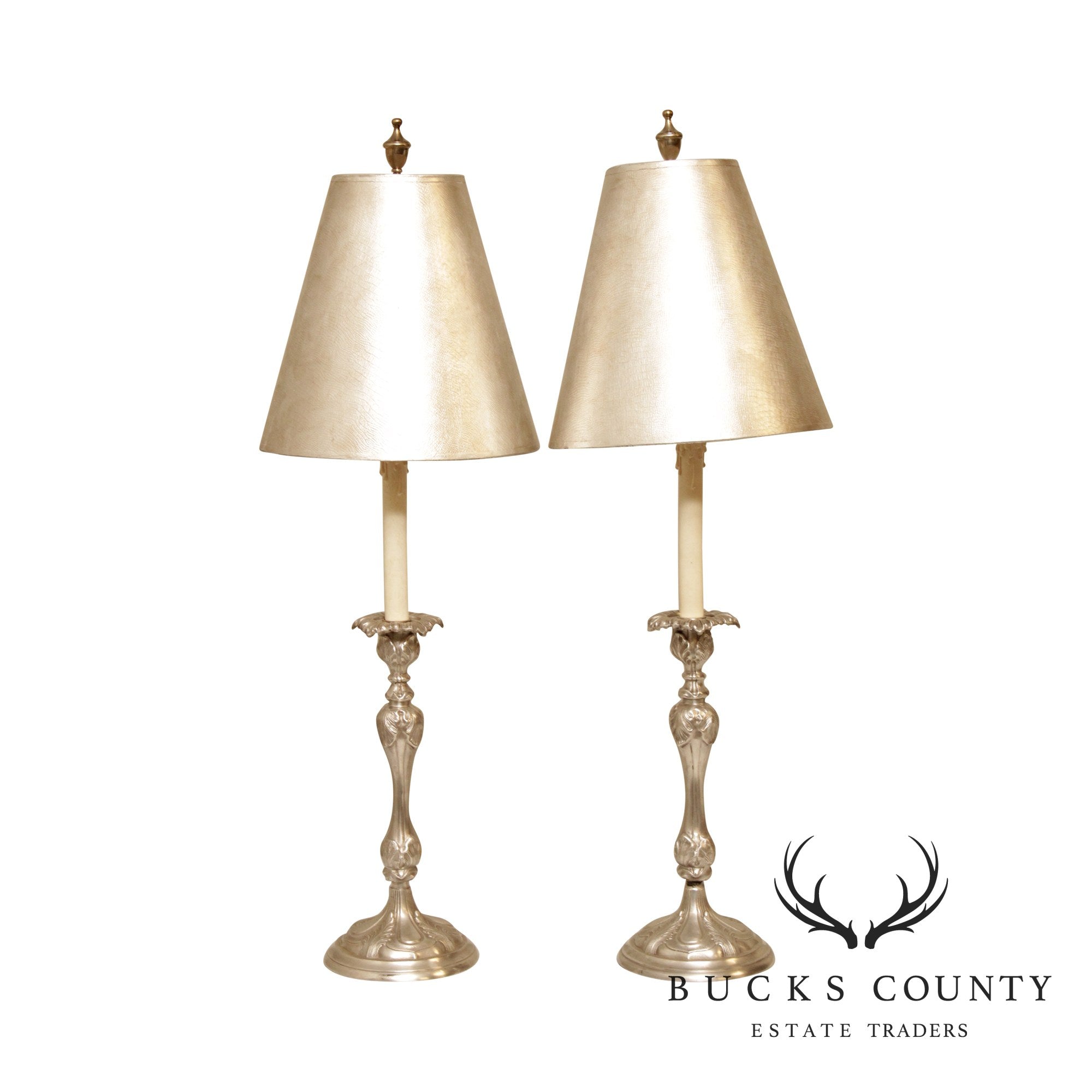 Rococo Style Pair Silvered Brass Candlestick Table Lamps