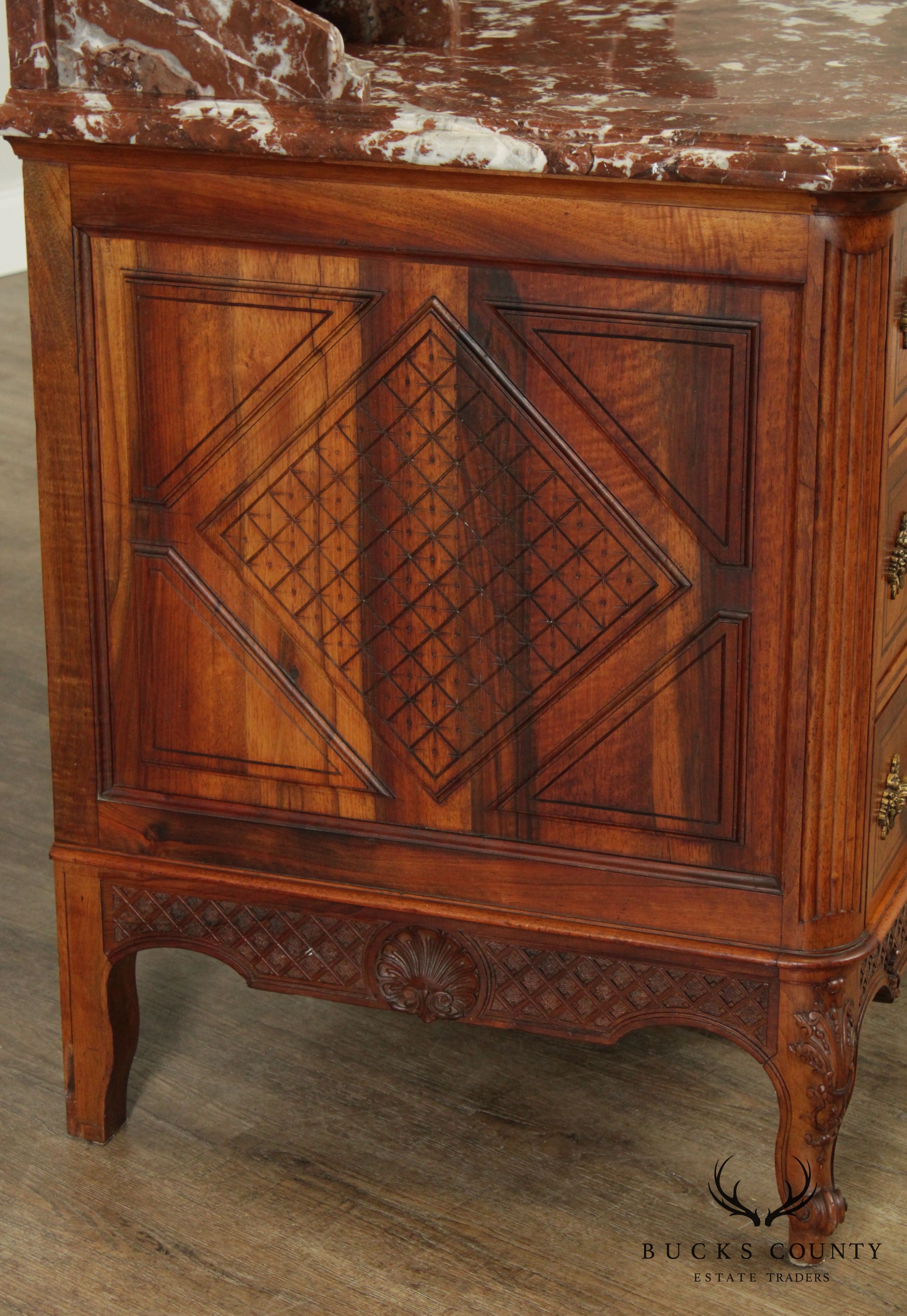 Fine Antique French Louis XV Walnut Marble Top Parquetry Inlaid Commode Wash Stand