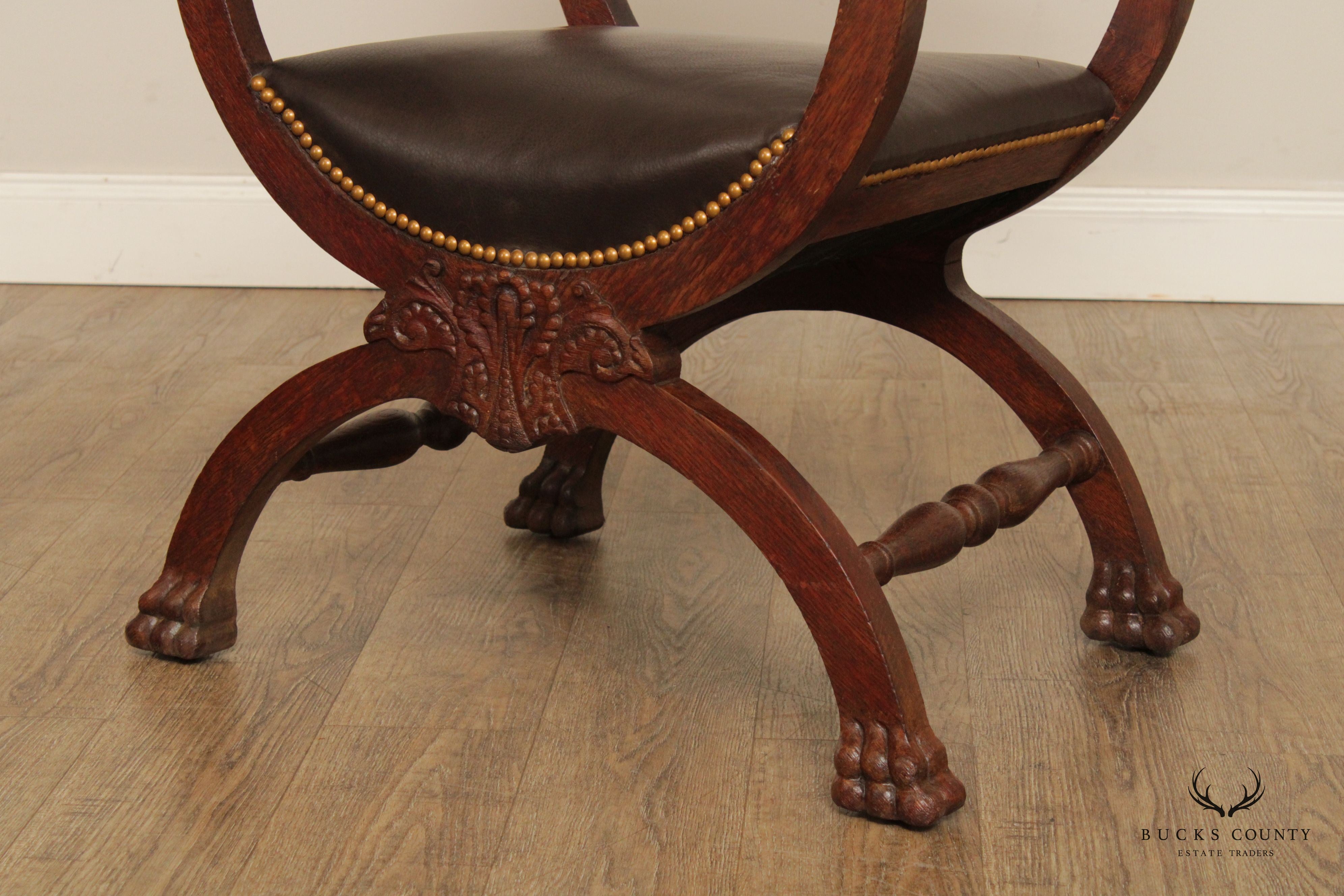 Antique Renaissance Revival Oak Carved Savonarola Armchair