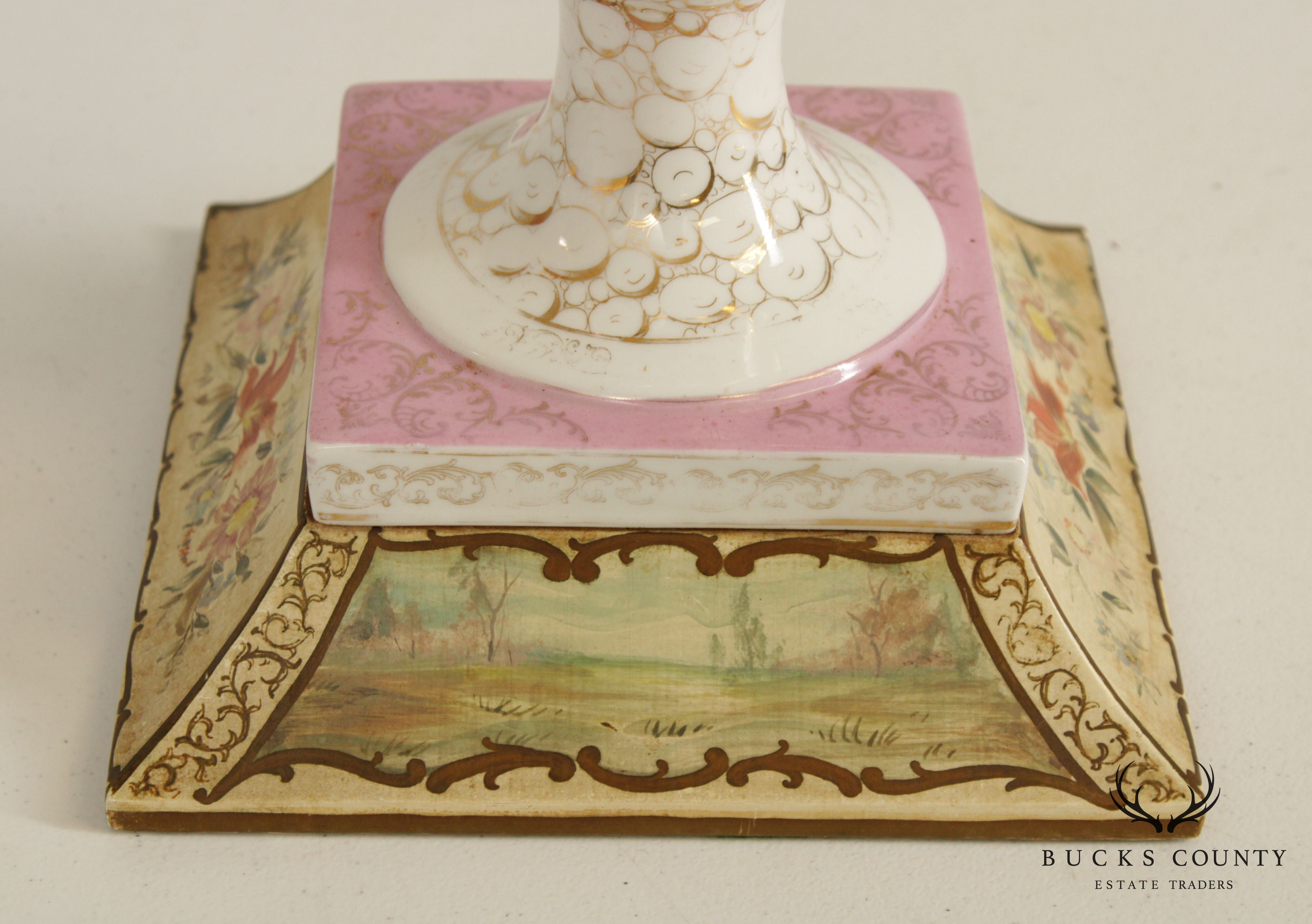 Louis XVI Style Hand Painted Porcelain Urn Form Pair Table Lamps