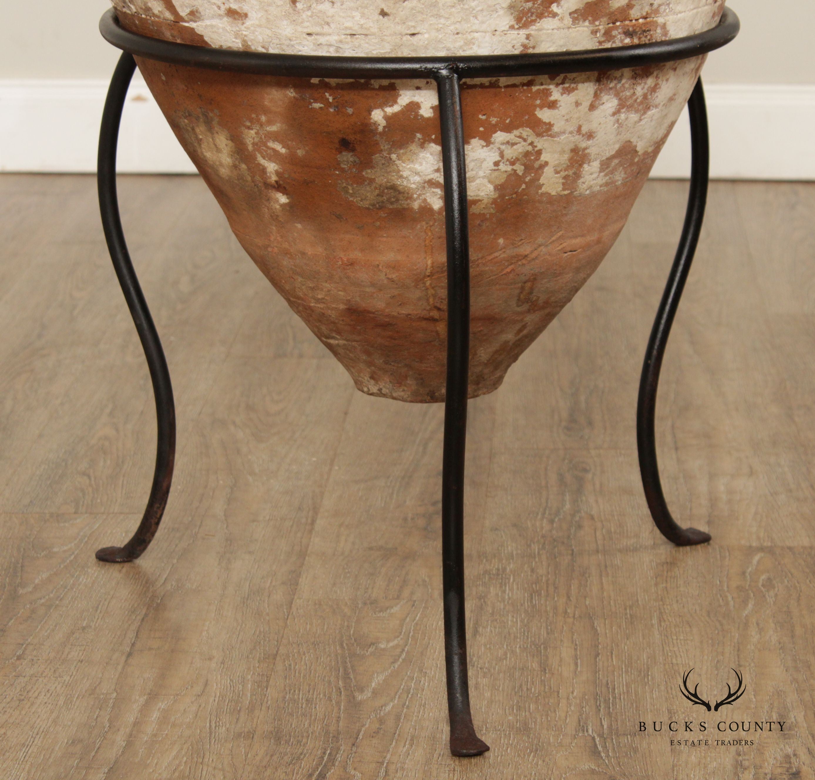 Antique Mediterranean Large Terra Cotta Amphora Floor Vase on Stand