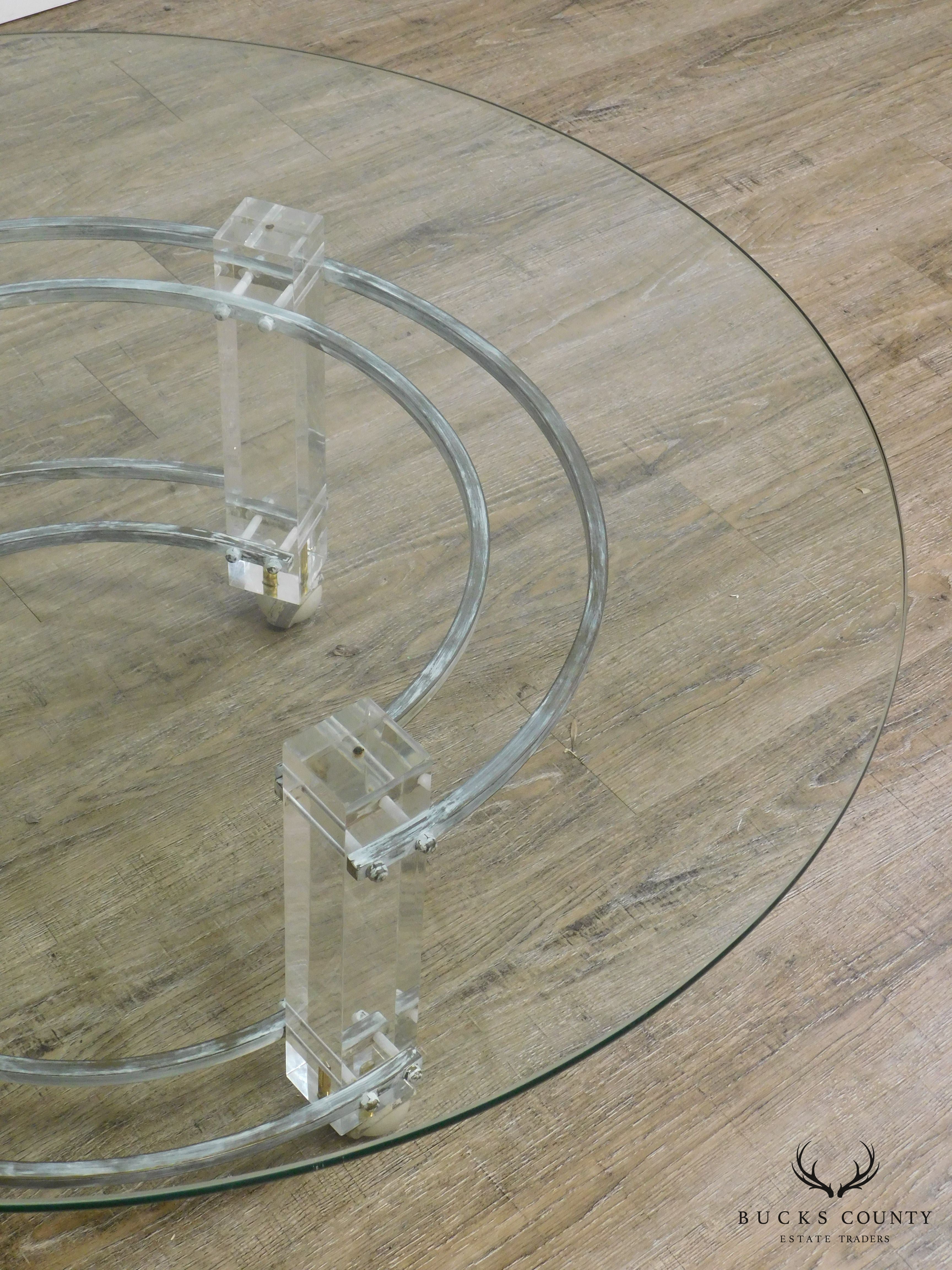 Charles Hollis Jones Mid Century Modern Brass & Lucite Round Glass Top Coffee Table