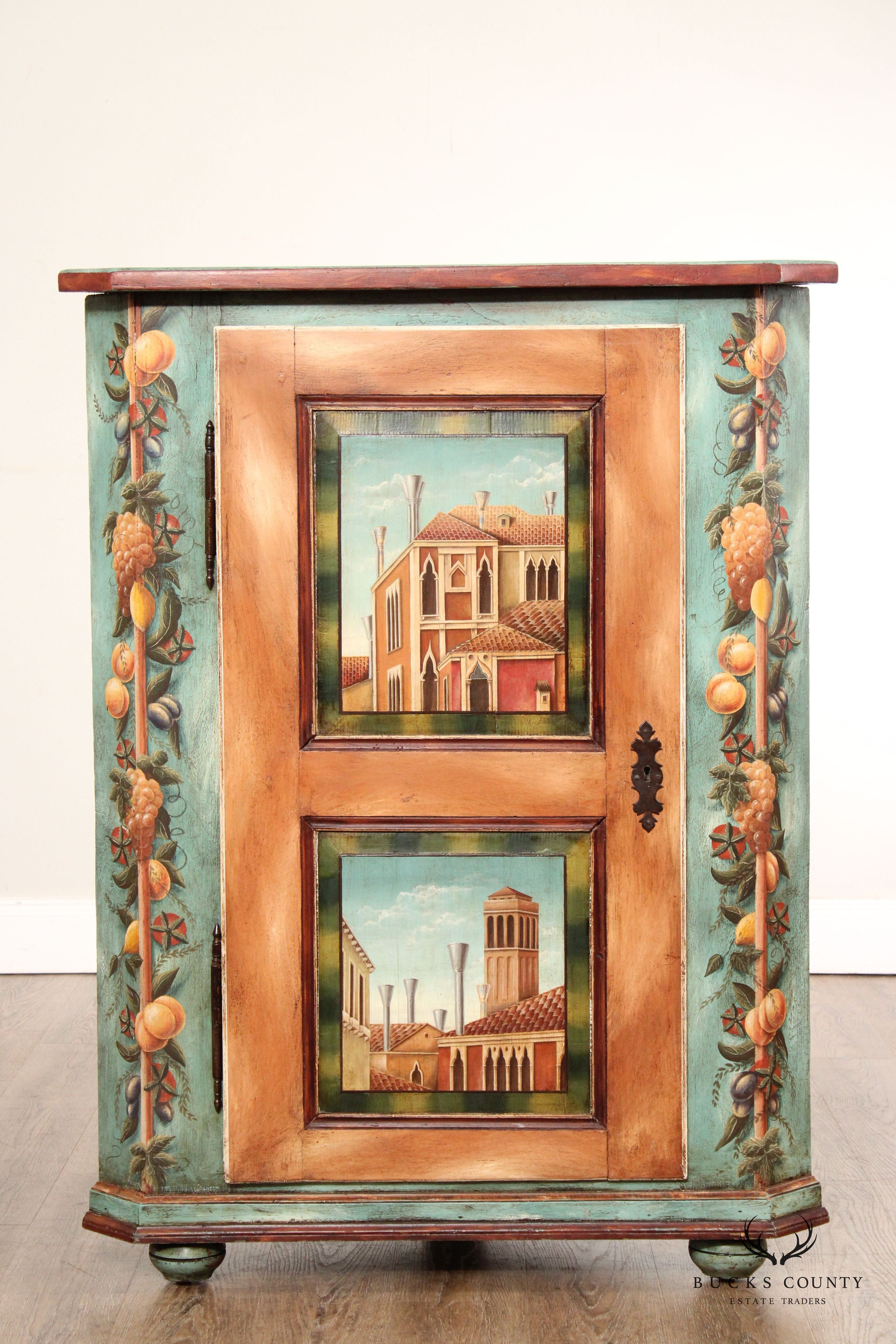 Italian Tuscan Style Paint Decorated Corner Cabinet