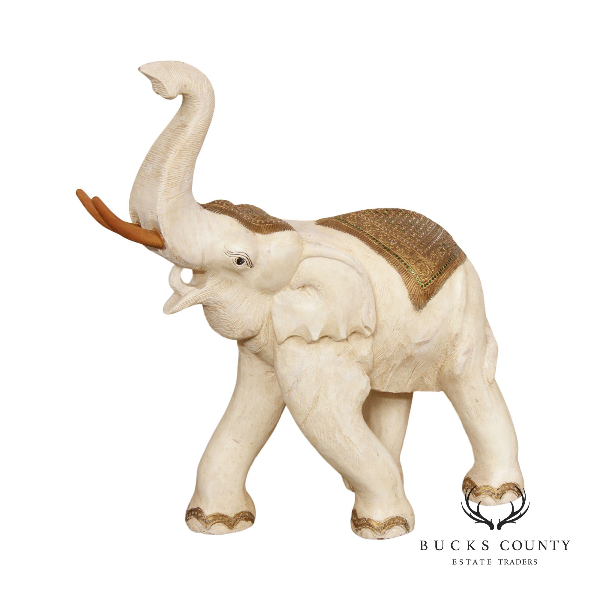 Vintage Carved Teak and Cast Plaster Elephant Statue