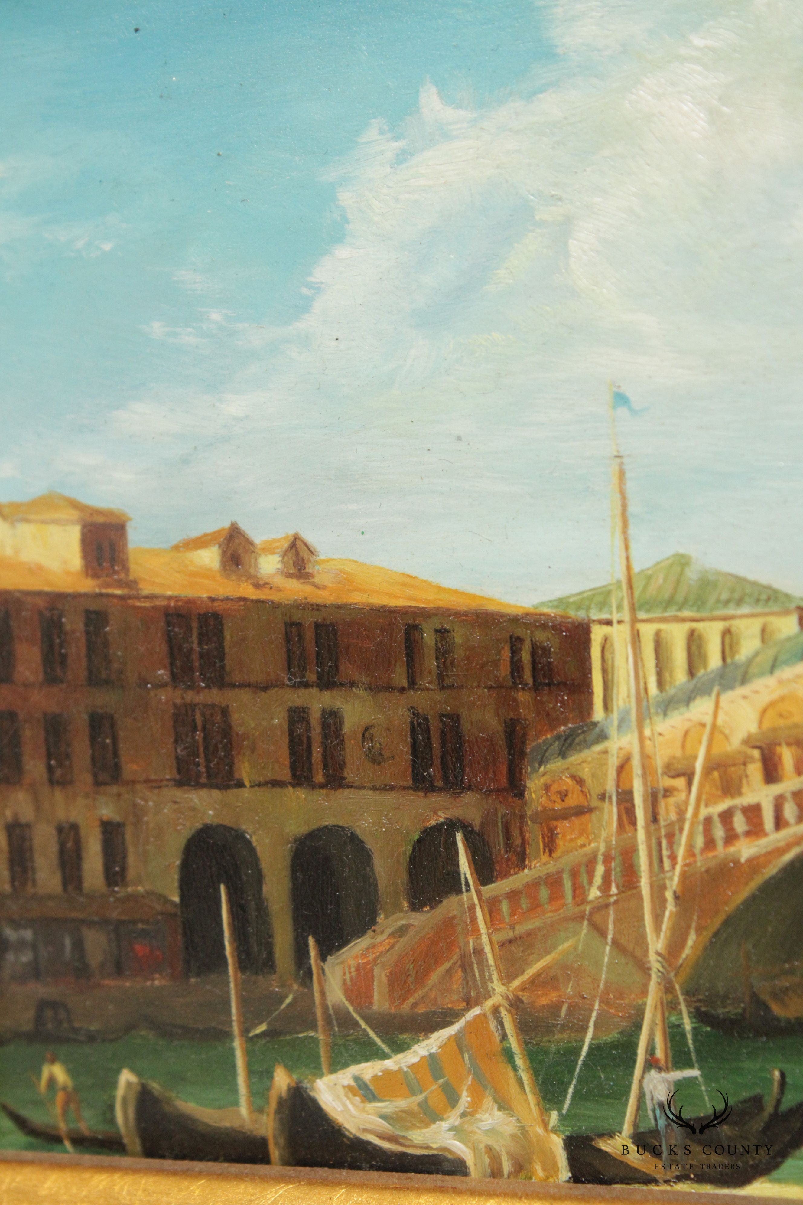 Vintage Italian Venetian Canal Scene Oil Painting, Custom Framed