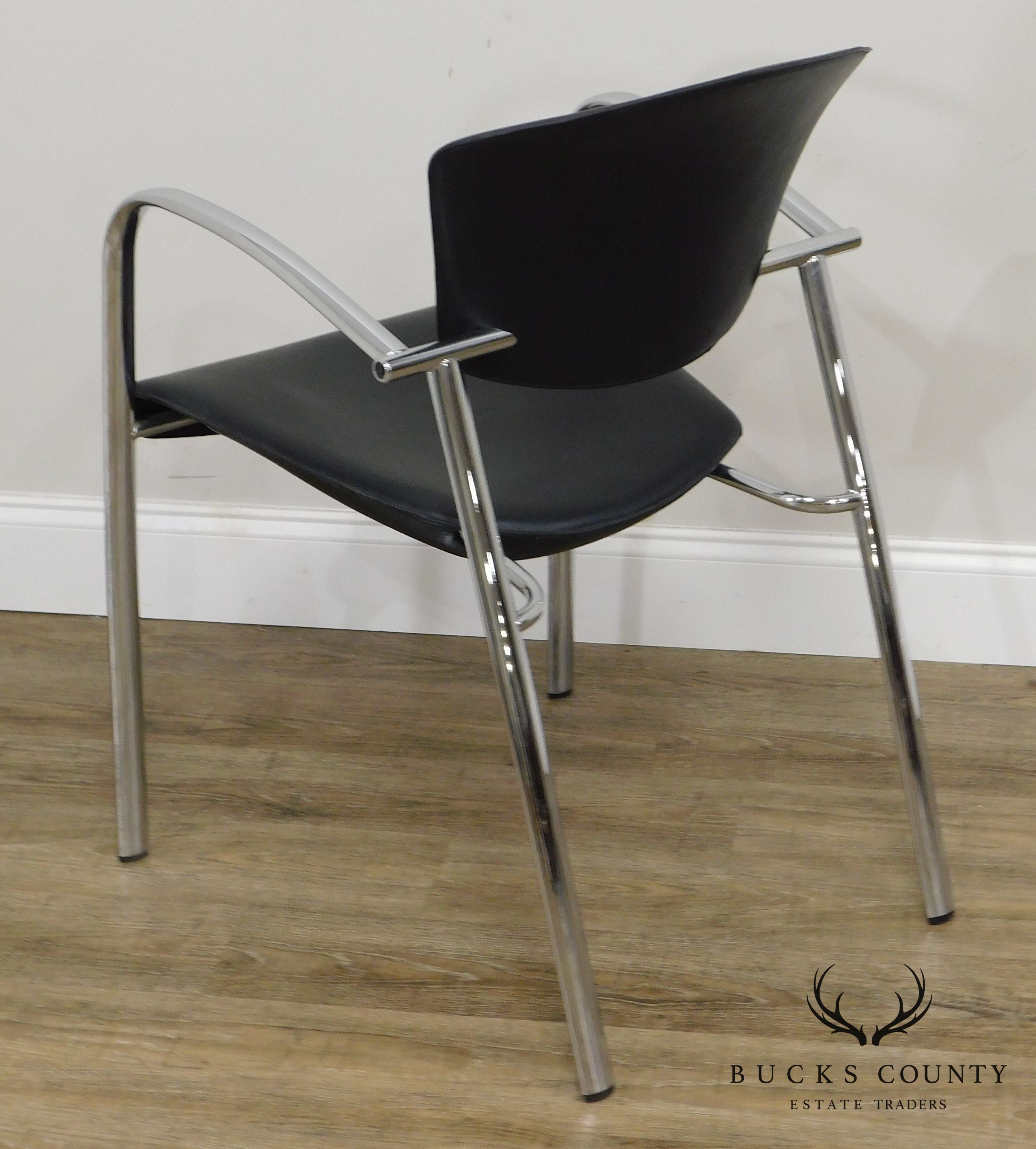 Brayton International Collection Steelcase Pair Chrome & Black Leatherette Armchairs