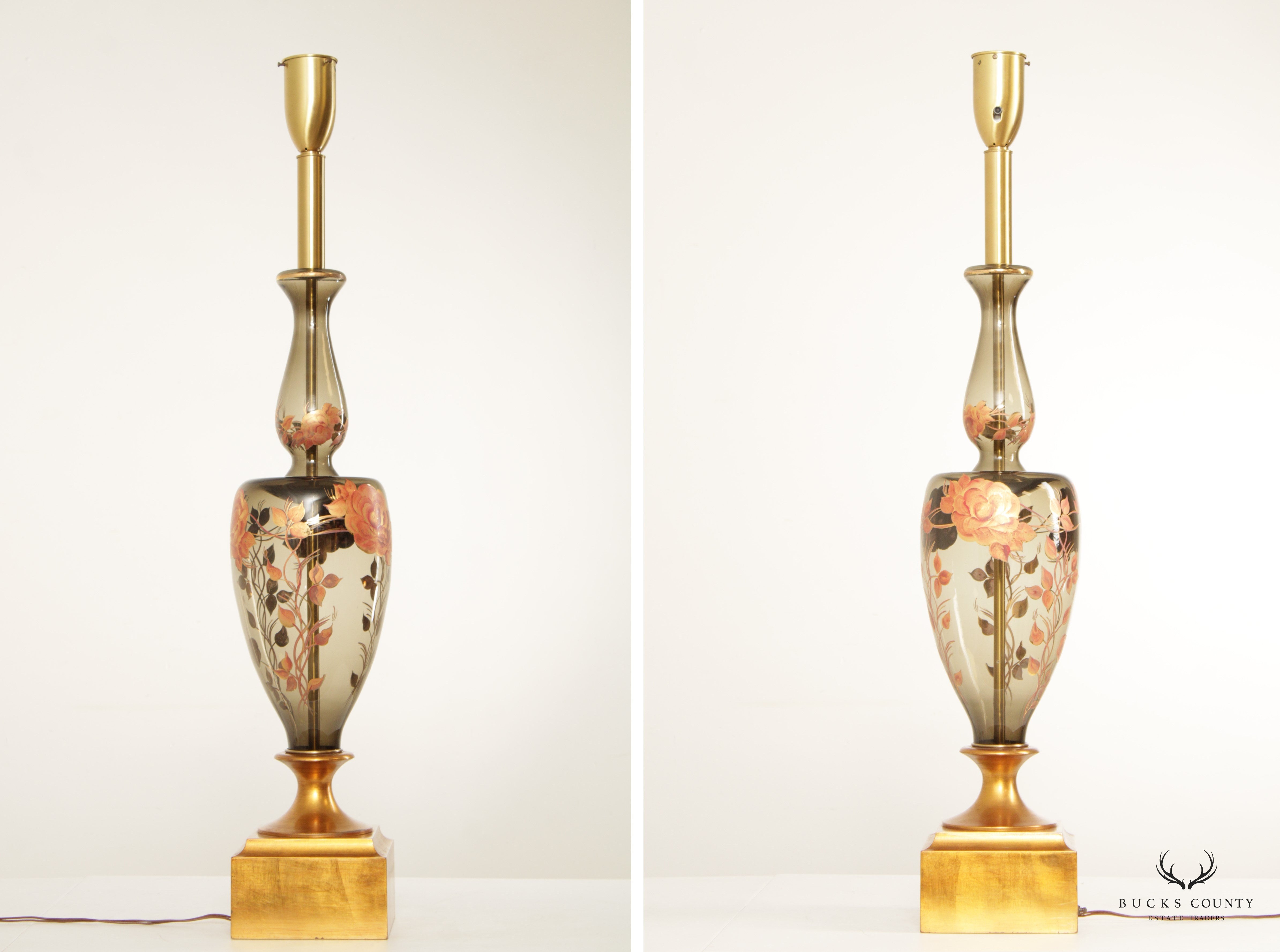 Murano Hollywood Regency Floral Hand-Painted Glass Tall Table Lamp