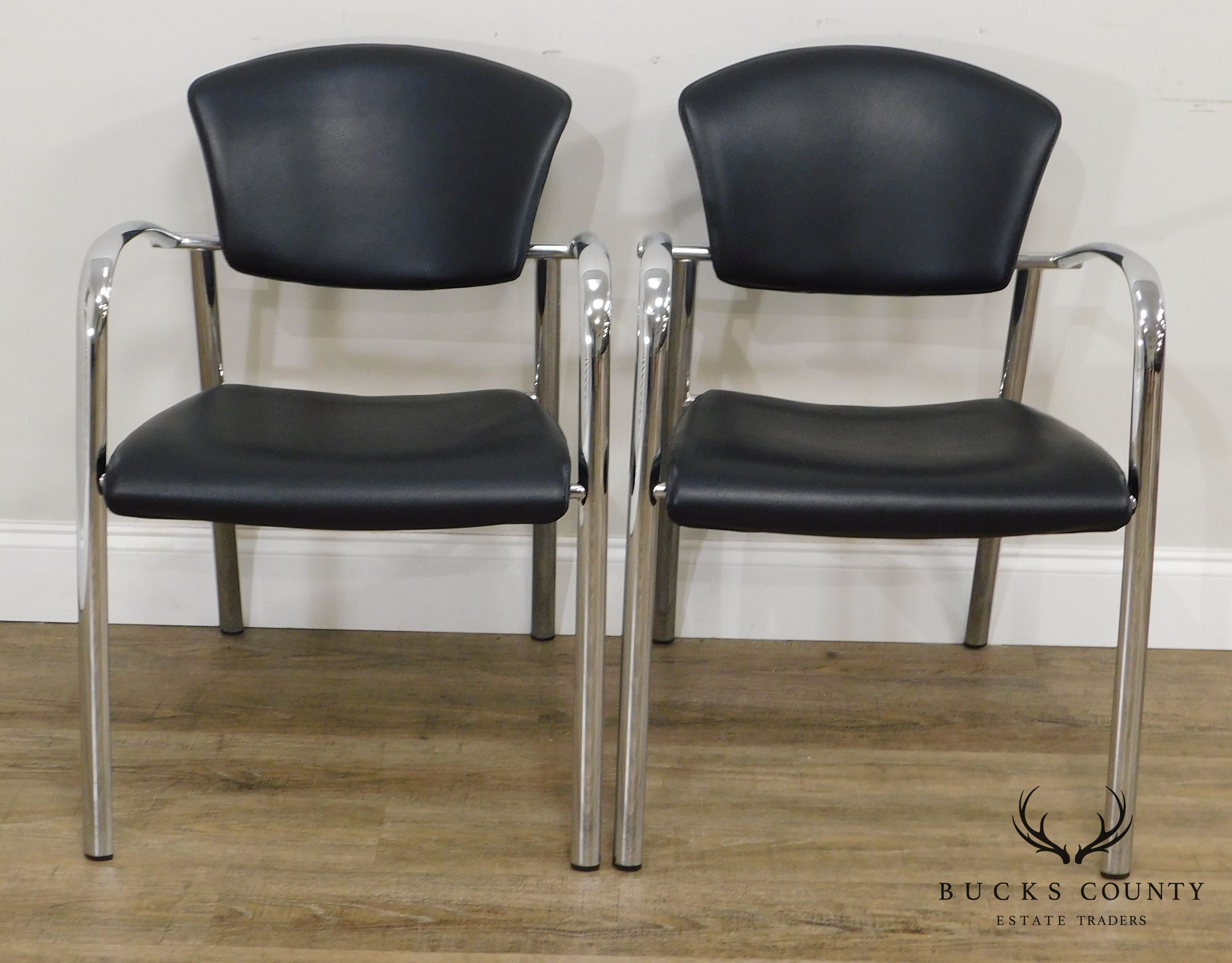 Brayton International Collection Steelcase Pair Chrome & Black Leatherette Armchairs