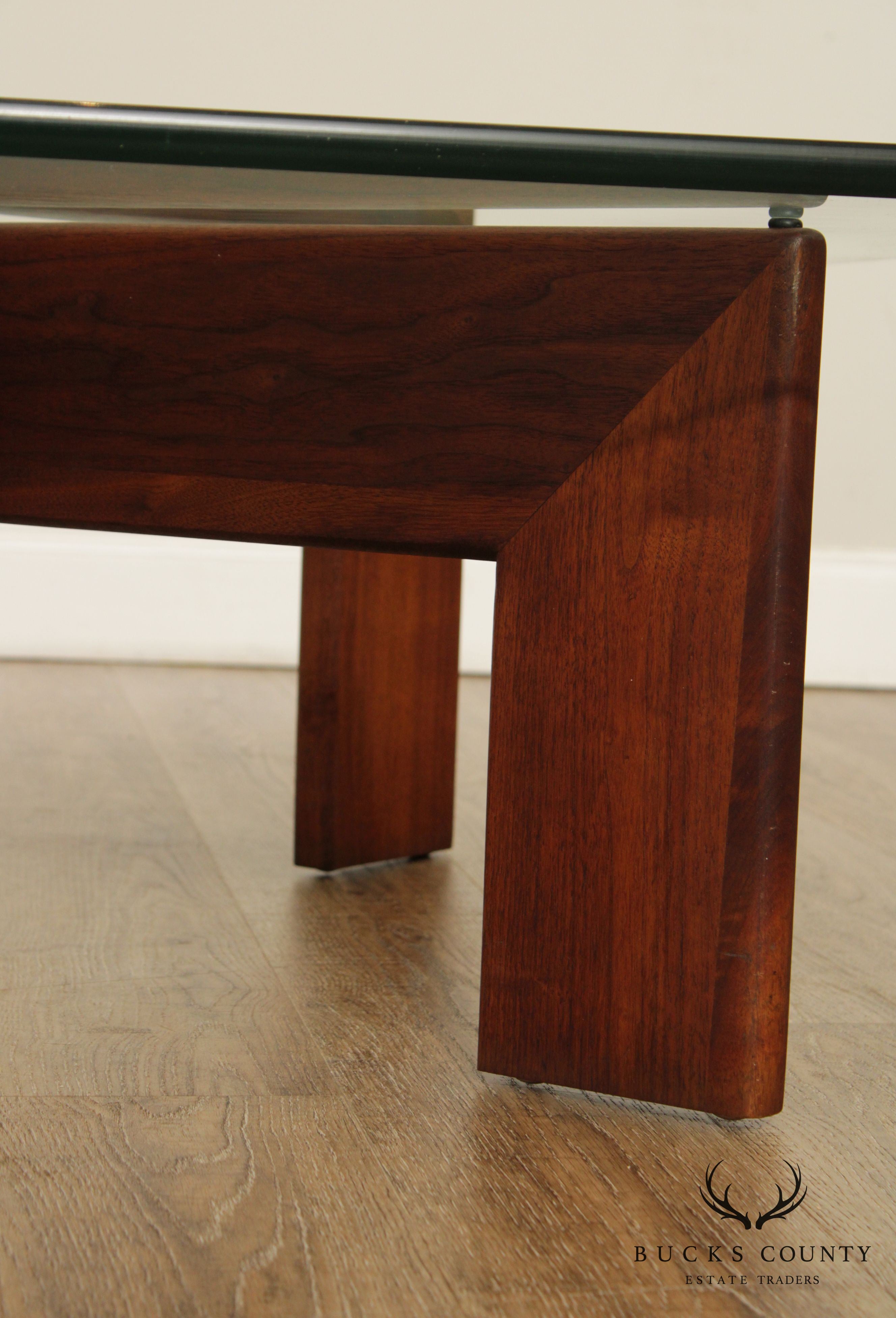 Mid Century Modern Walnut Base Glass Top Coffee Table