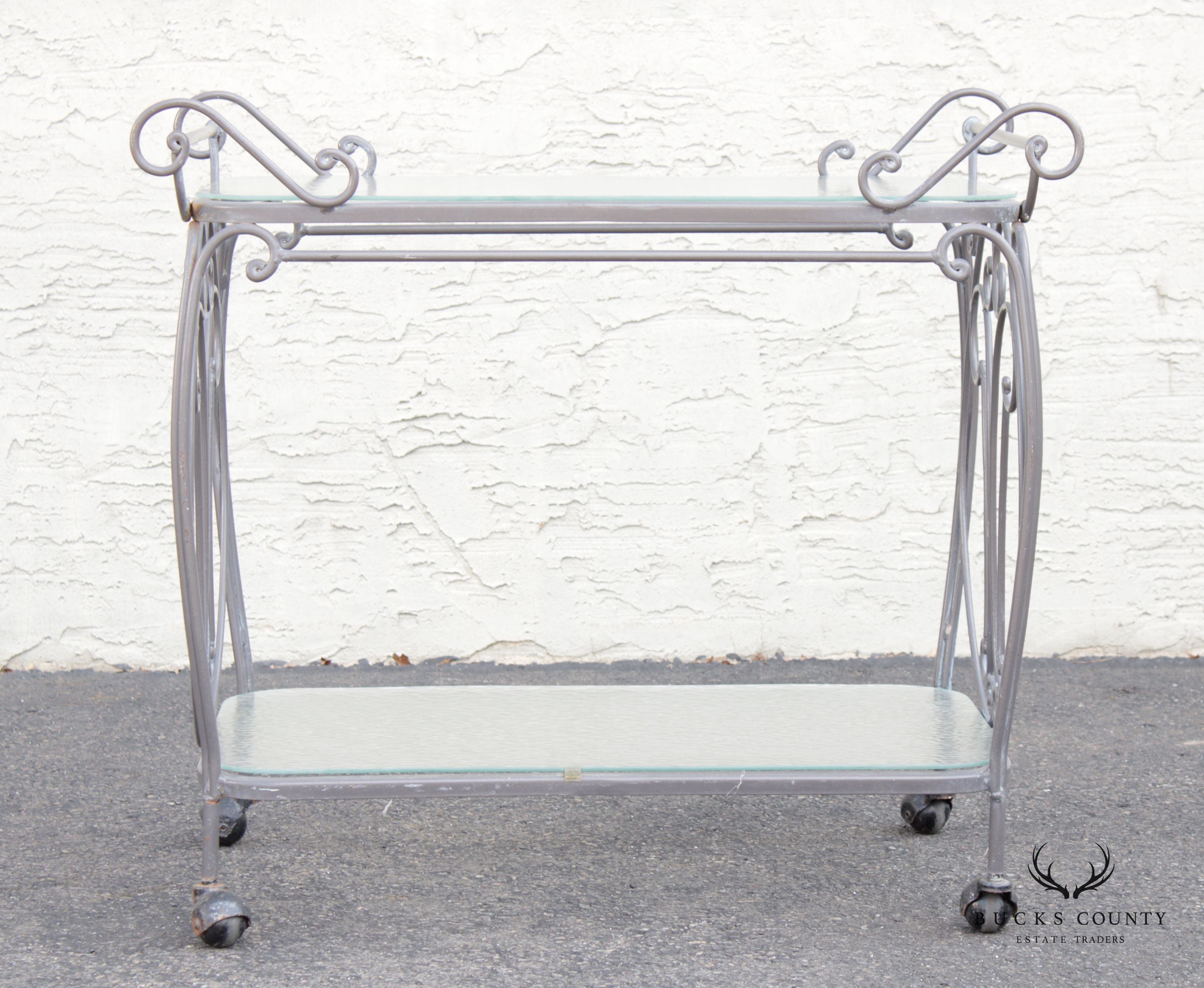 French Style Vintage Wrought Iron Scroll Two-Tier Outdoor Bar or Serving Cart