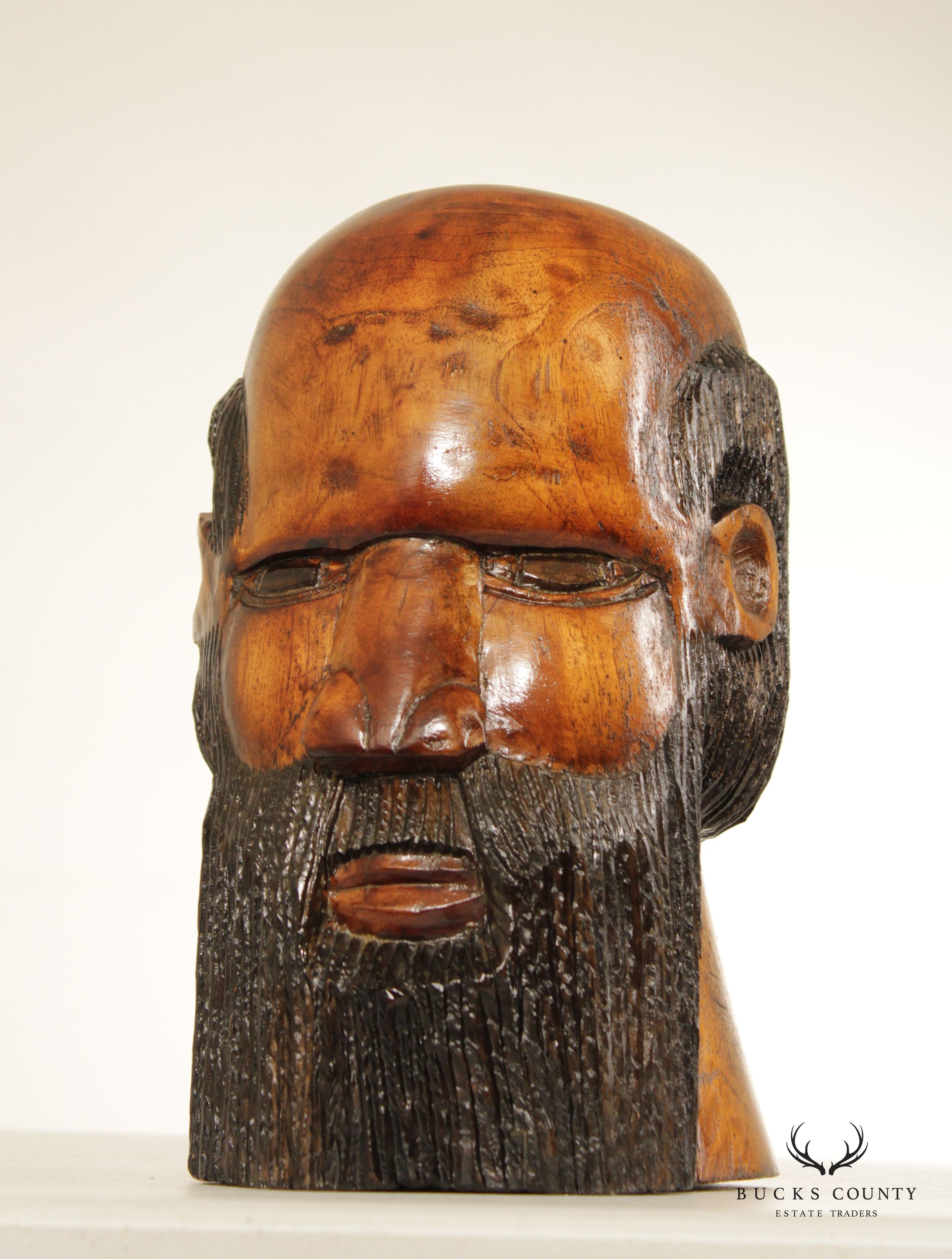 Folk Art Vintage Carved Wood Bust of Bearded Man