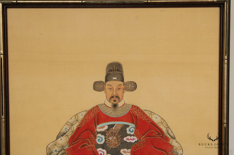 Vintage Chinese Emperor and Empress Watercolor Portraits on Silk