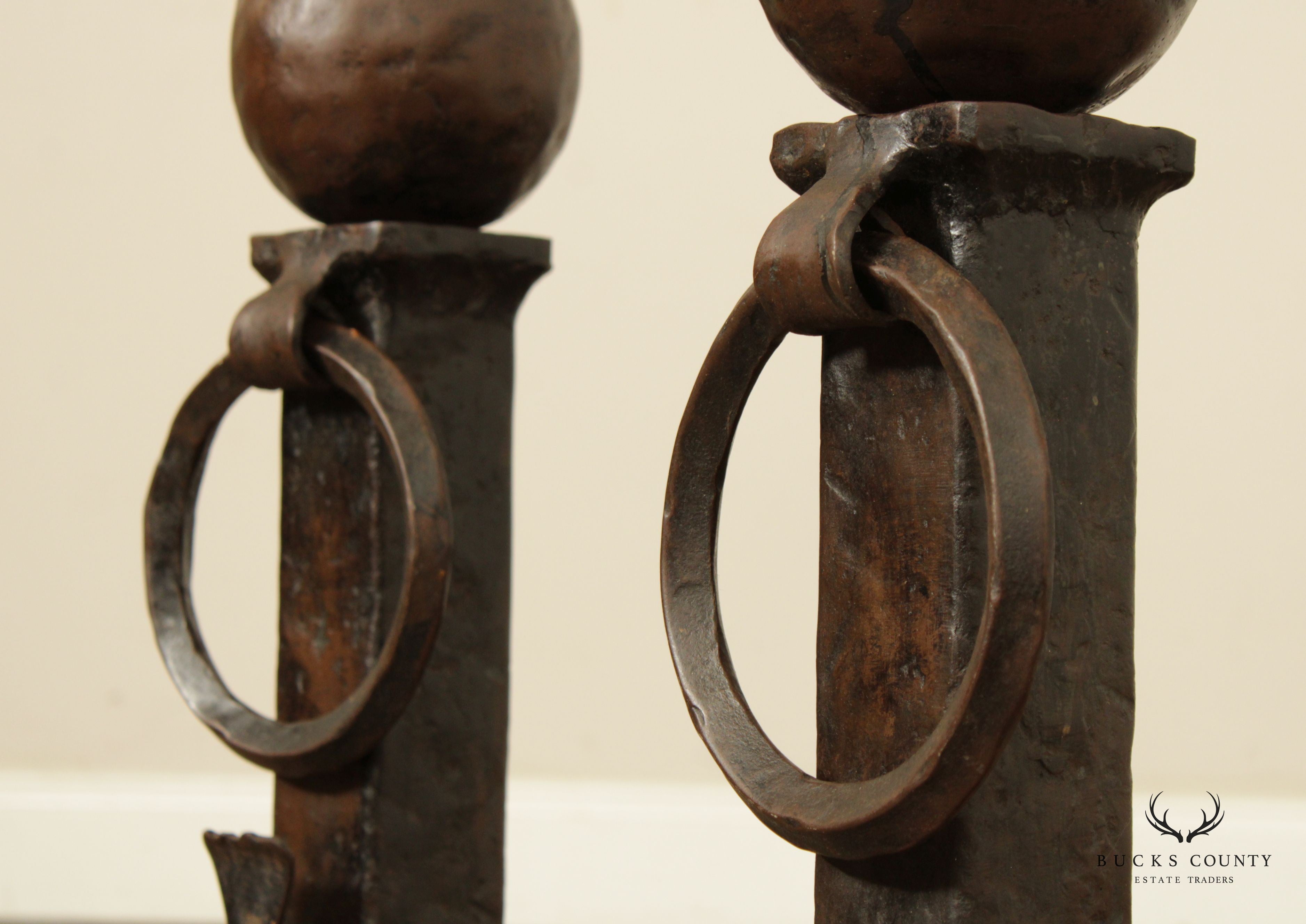Arts & Crafts Antique Pair of Wrought Iron Andirons