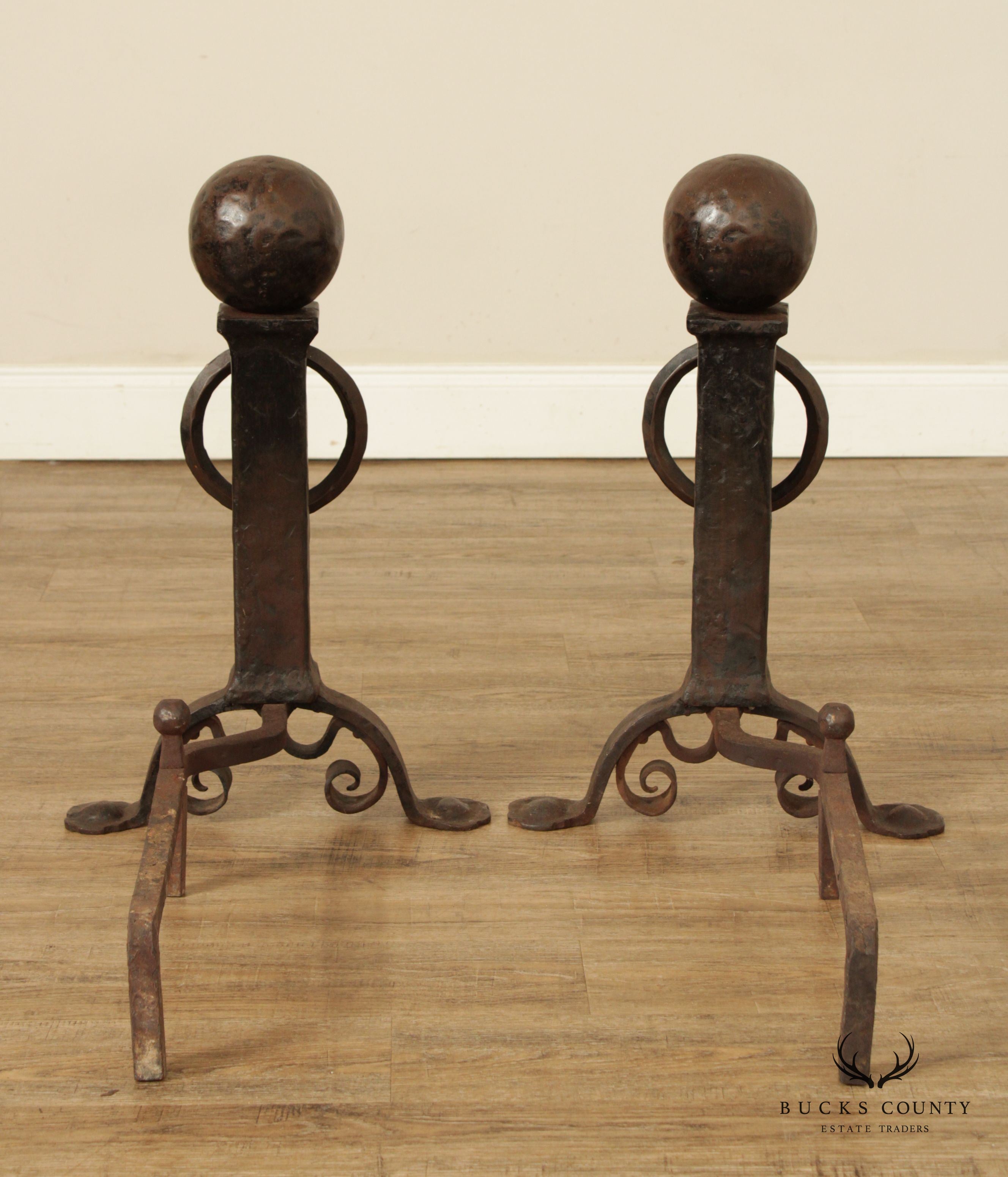 Arts & Crafts Antique Pair of Wrought Iron Andirons