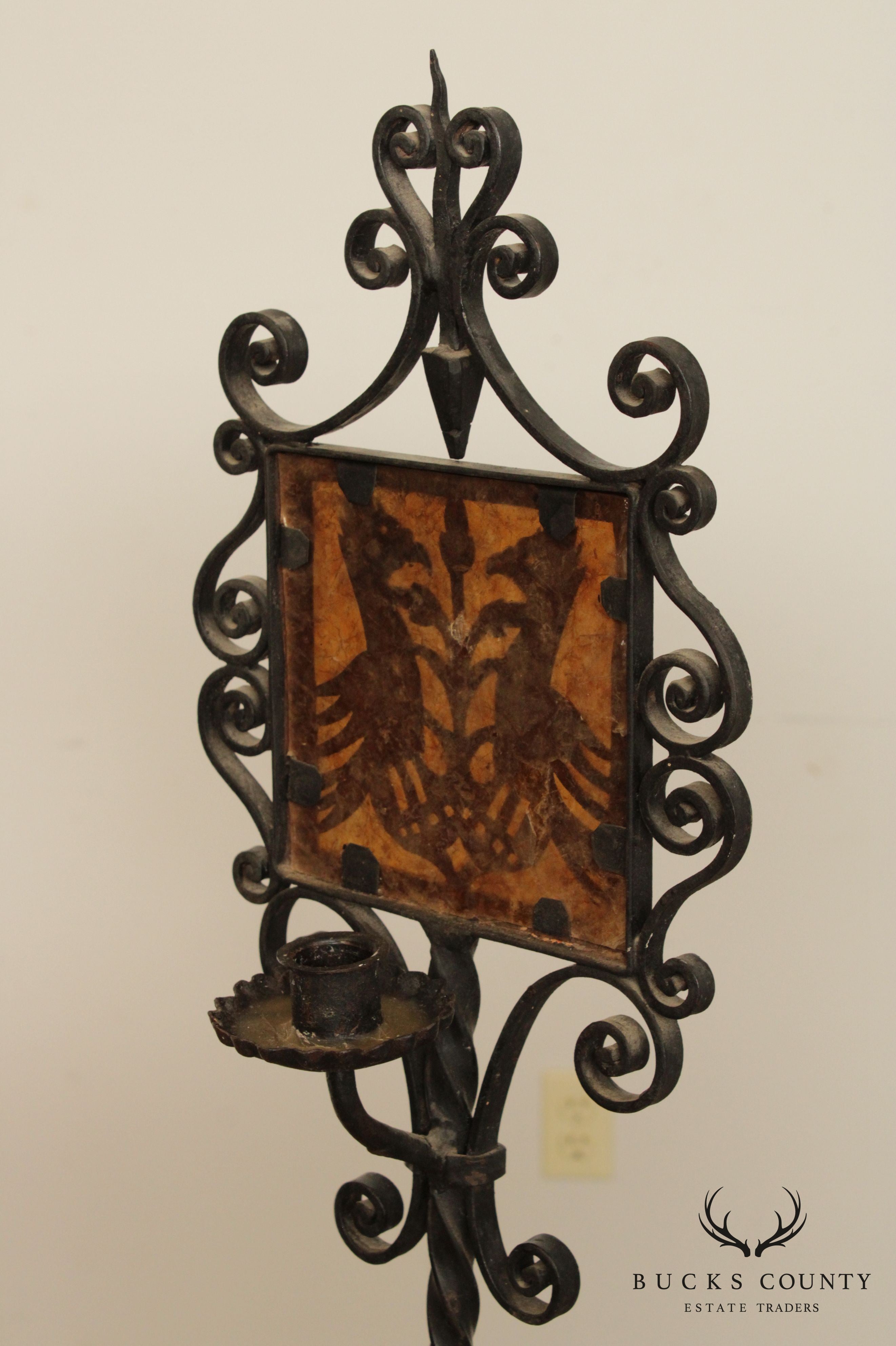 Arts & Crafts Pair Wrought Iron Candle Torchiere