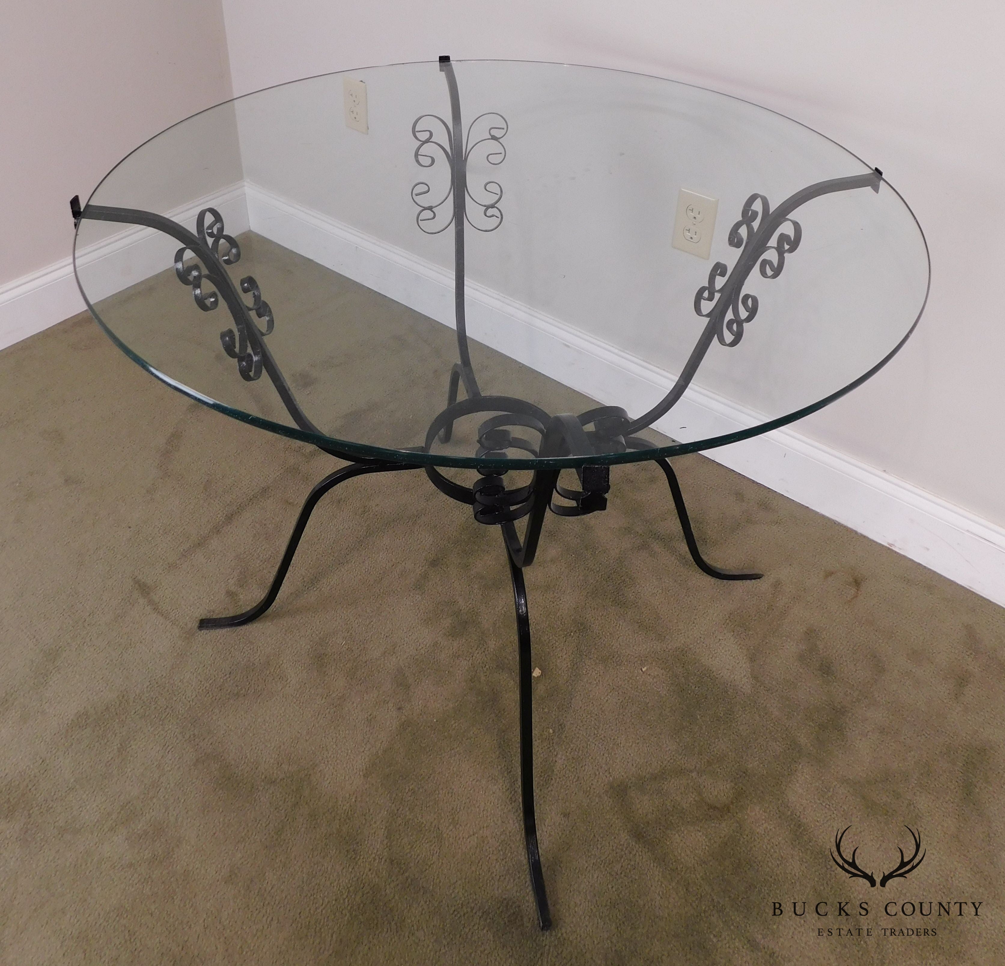 Vintage Black Scrolled Wrought Iron Round Glass Top Table