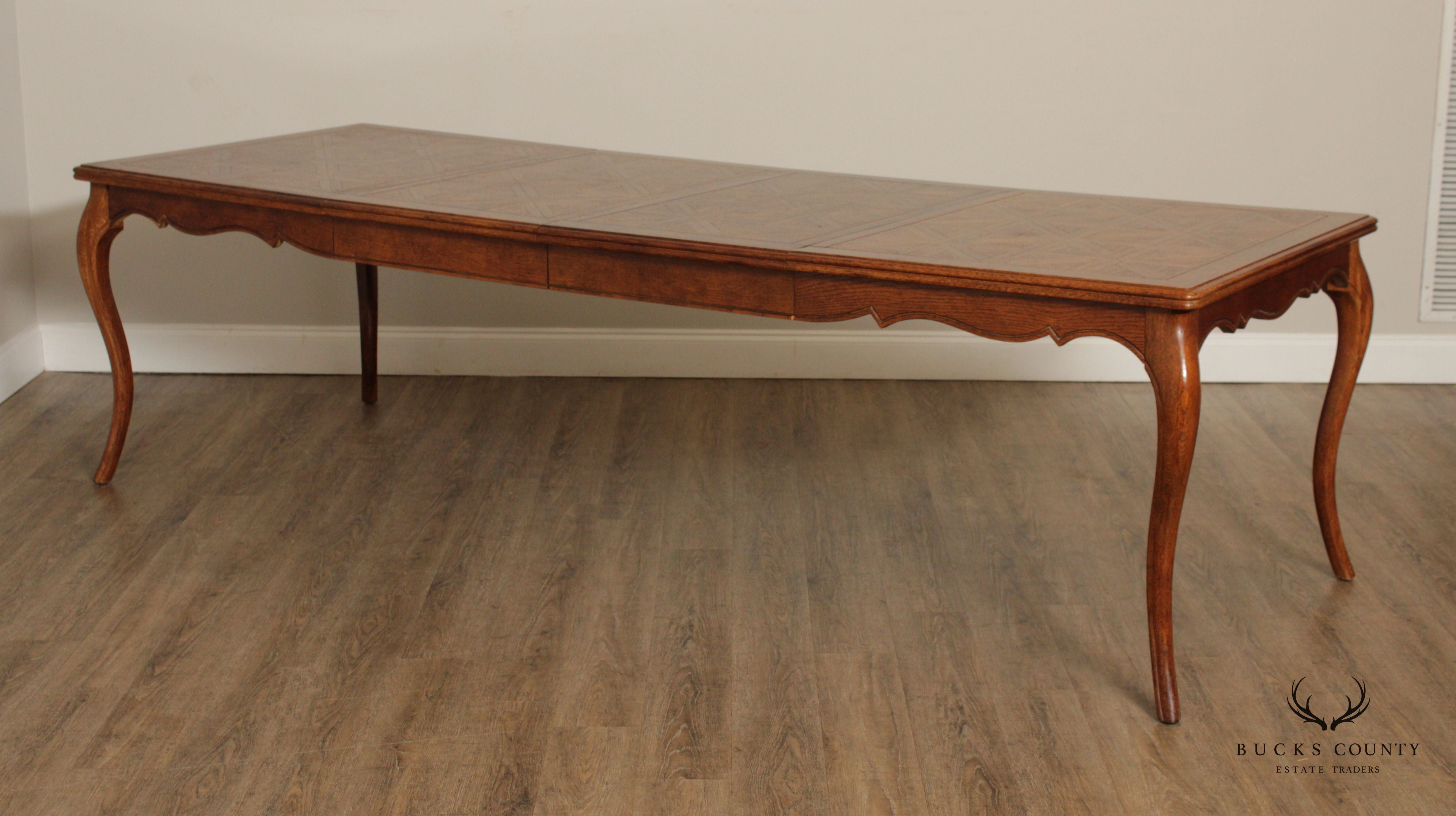 French Country Louis XV Style Vintage Oak Parquet Top Extension Dining Table