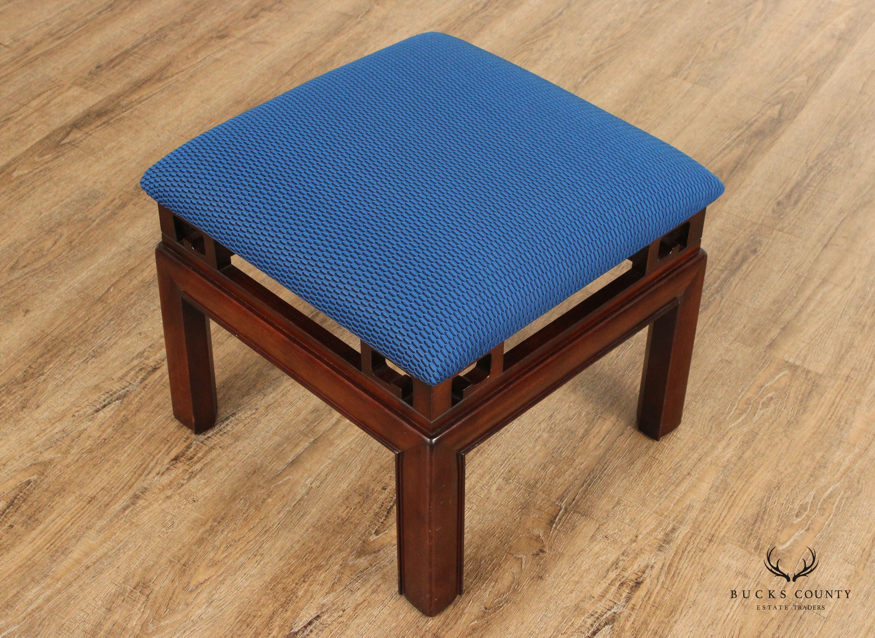 Asian Inspired Pair of Carved Mahogany Upholstered Stools