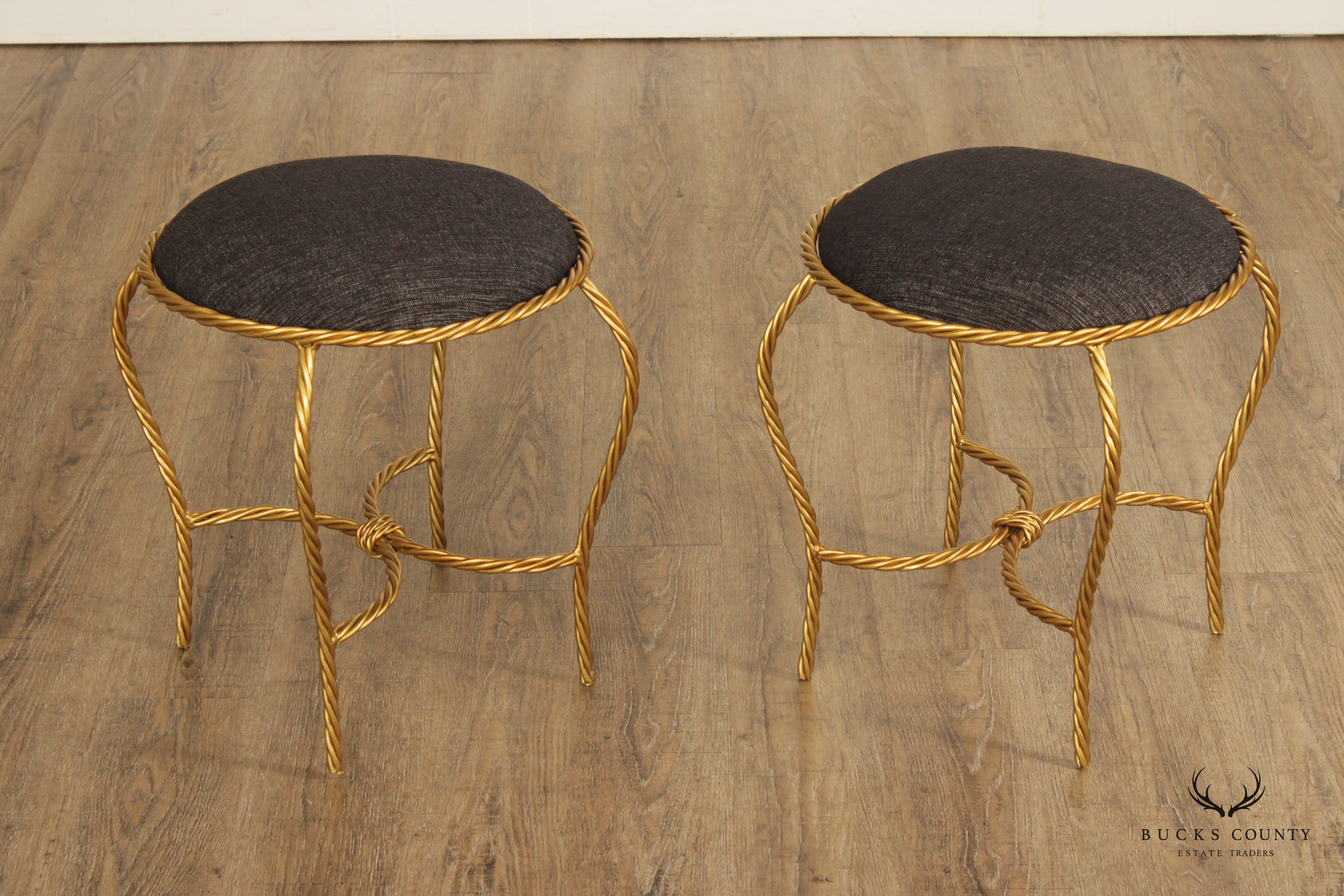 Hollywood Regency Pair of Gilt Metal Rope Twist Stools