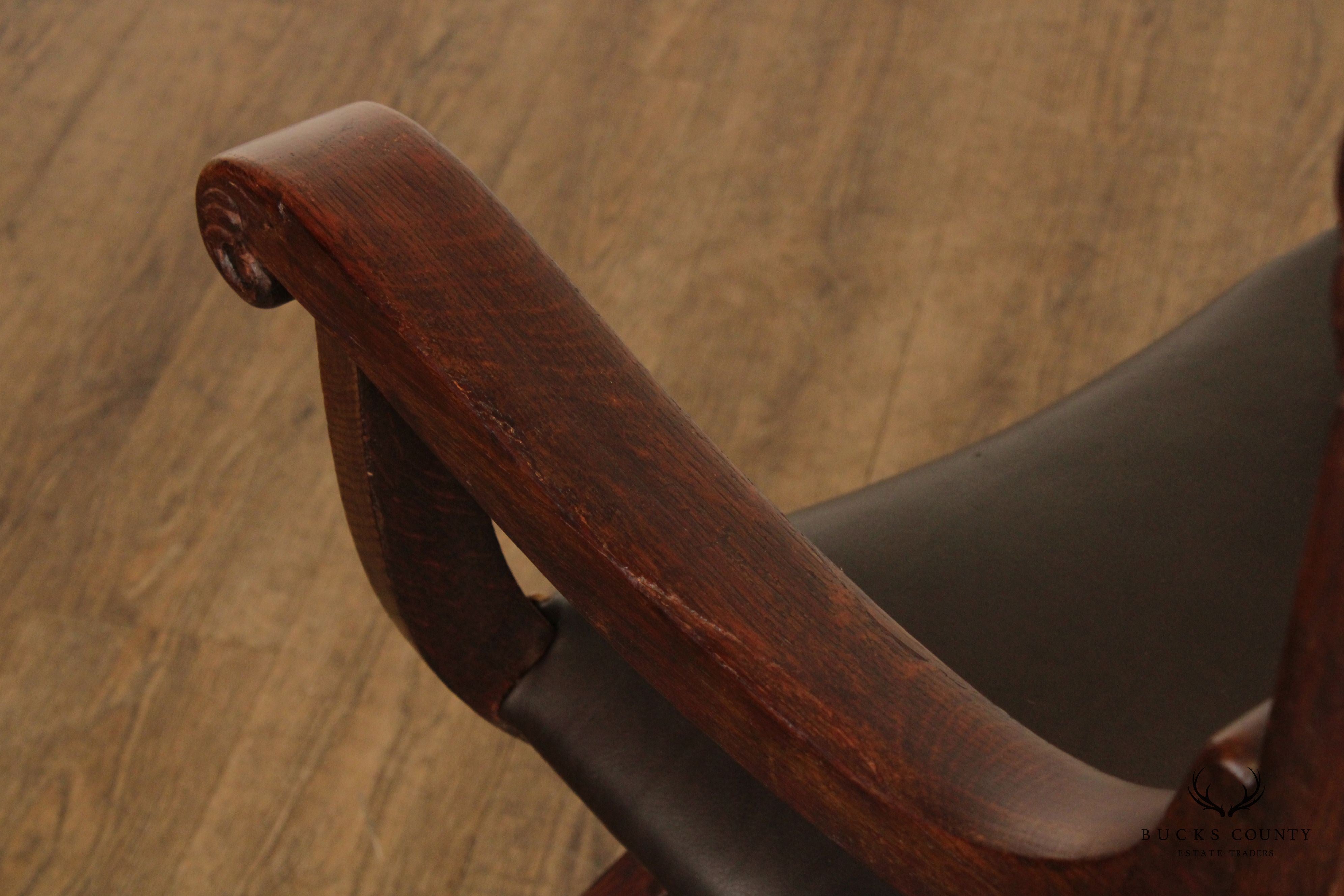 Antique Renaissance Revival Oak Carved Savonarola Armchair