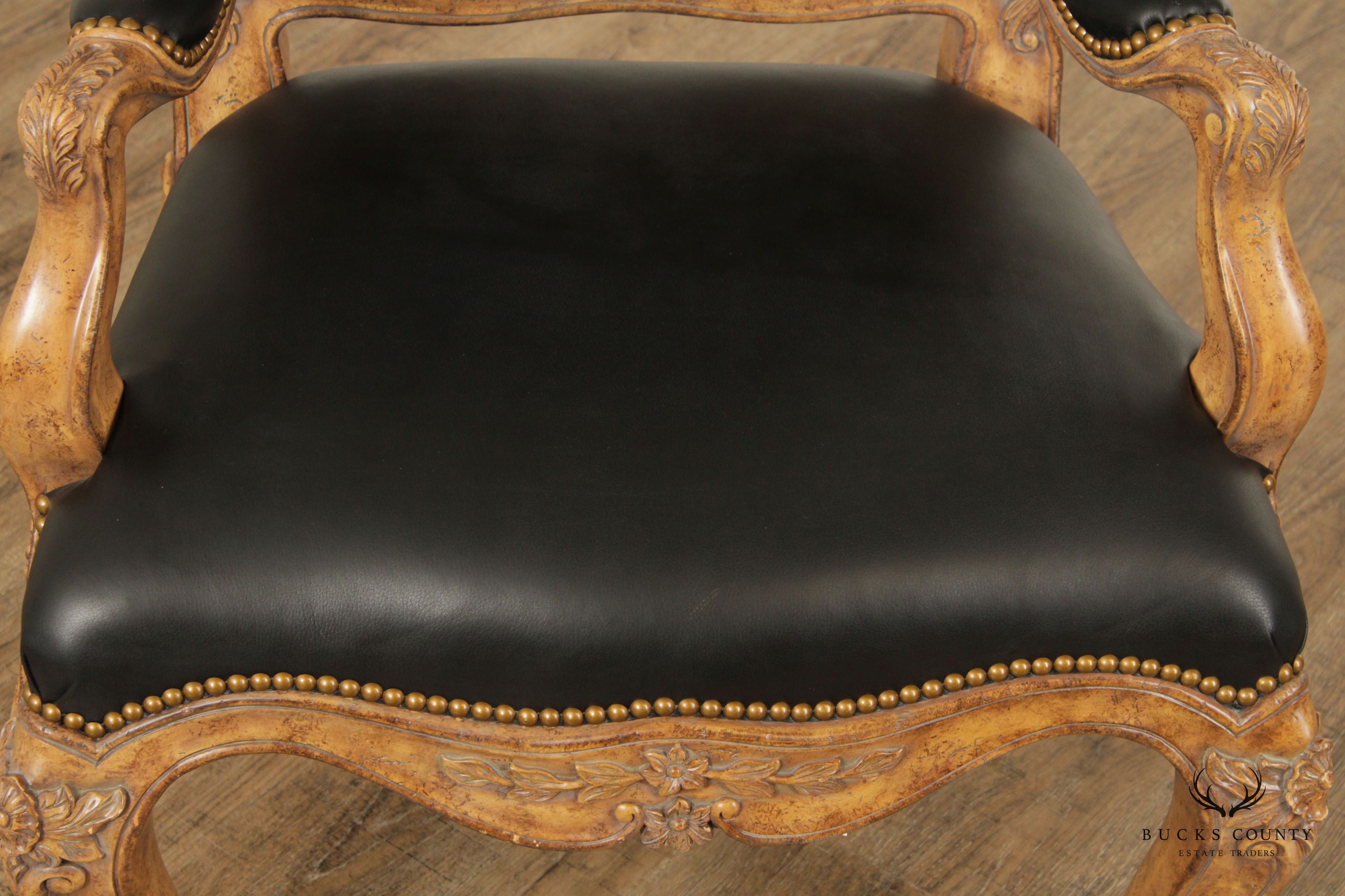 Maitland Smith Louis XV Style Carved Wood and Black Leather Armchair