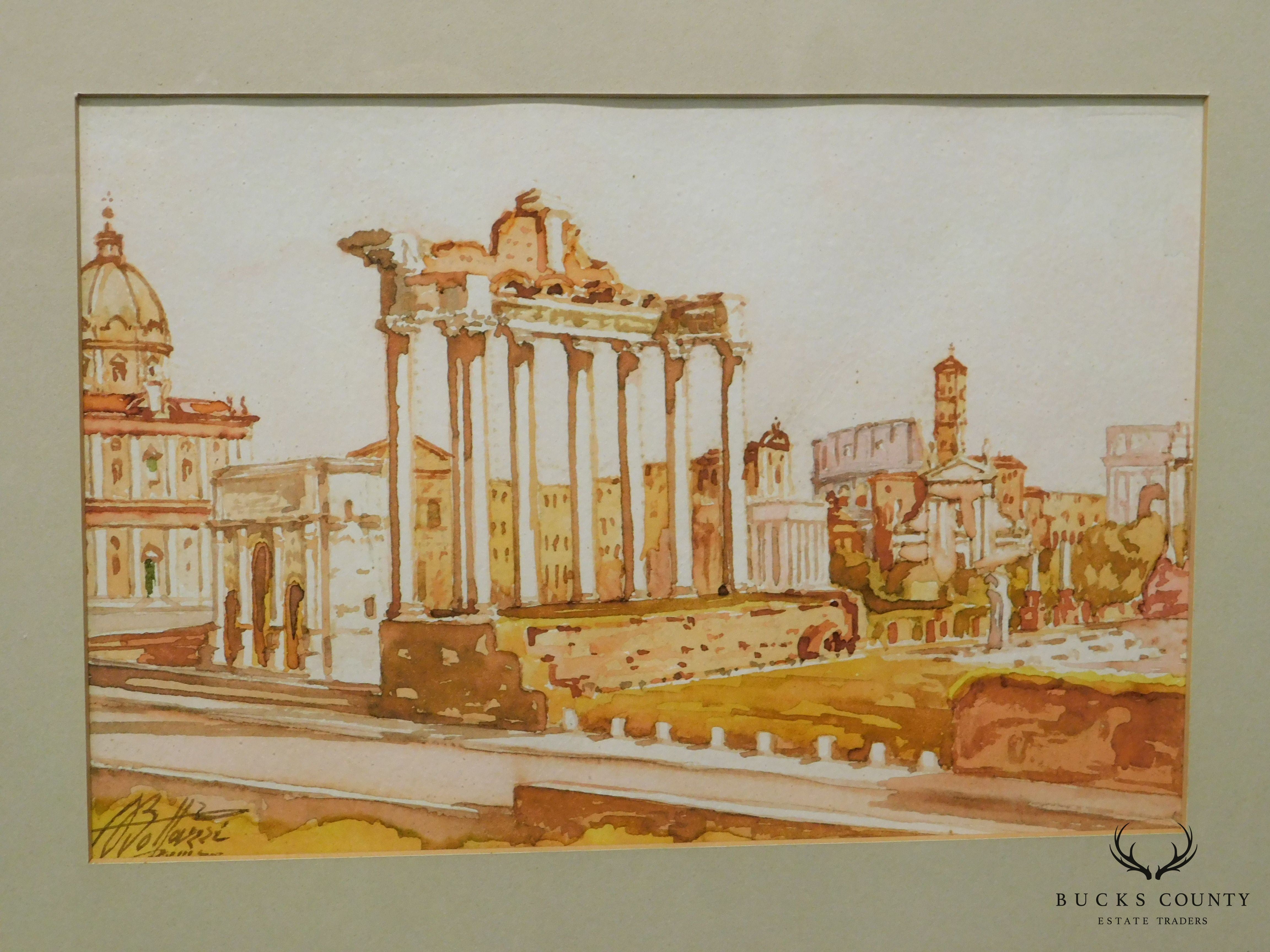 Vintage Roman Ruins Watercolor Painting Signed Bollazzi