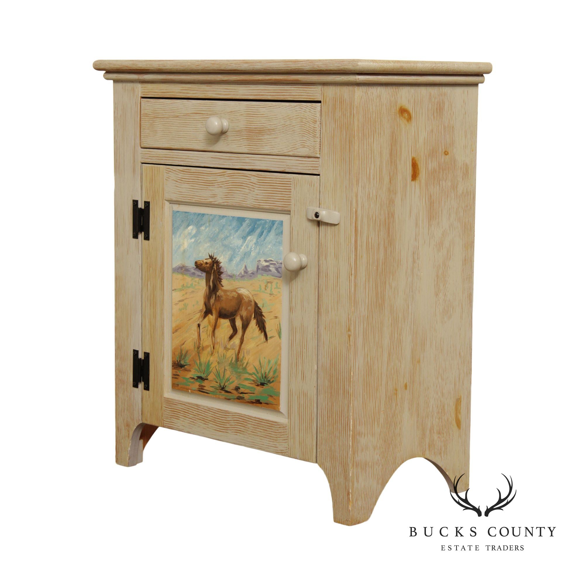 Hand Painted Western Cowboy Pine Single Drawer Nightstand