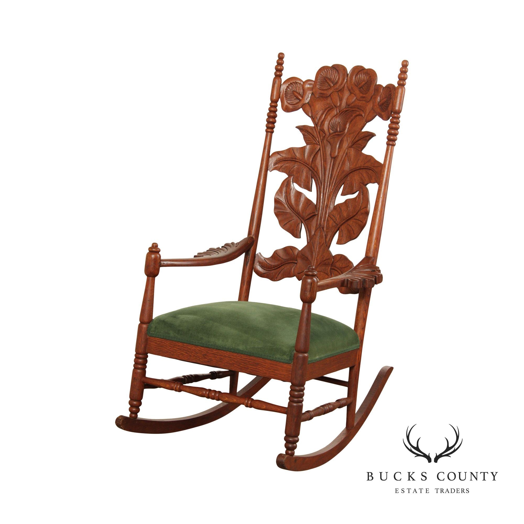 art nouveau antique peace lily carved oak rocking chair Art Nouveau Antique Peace Lily Carved Oak Rocking Chair