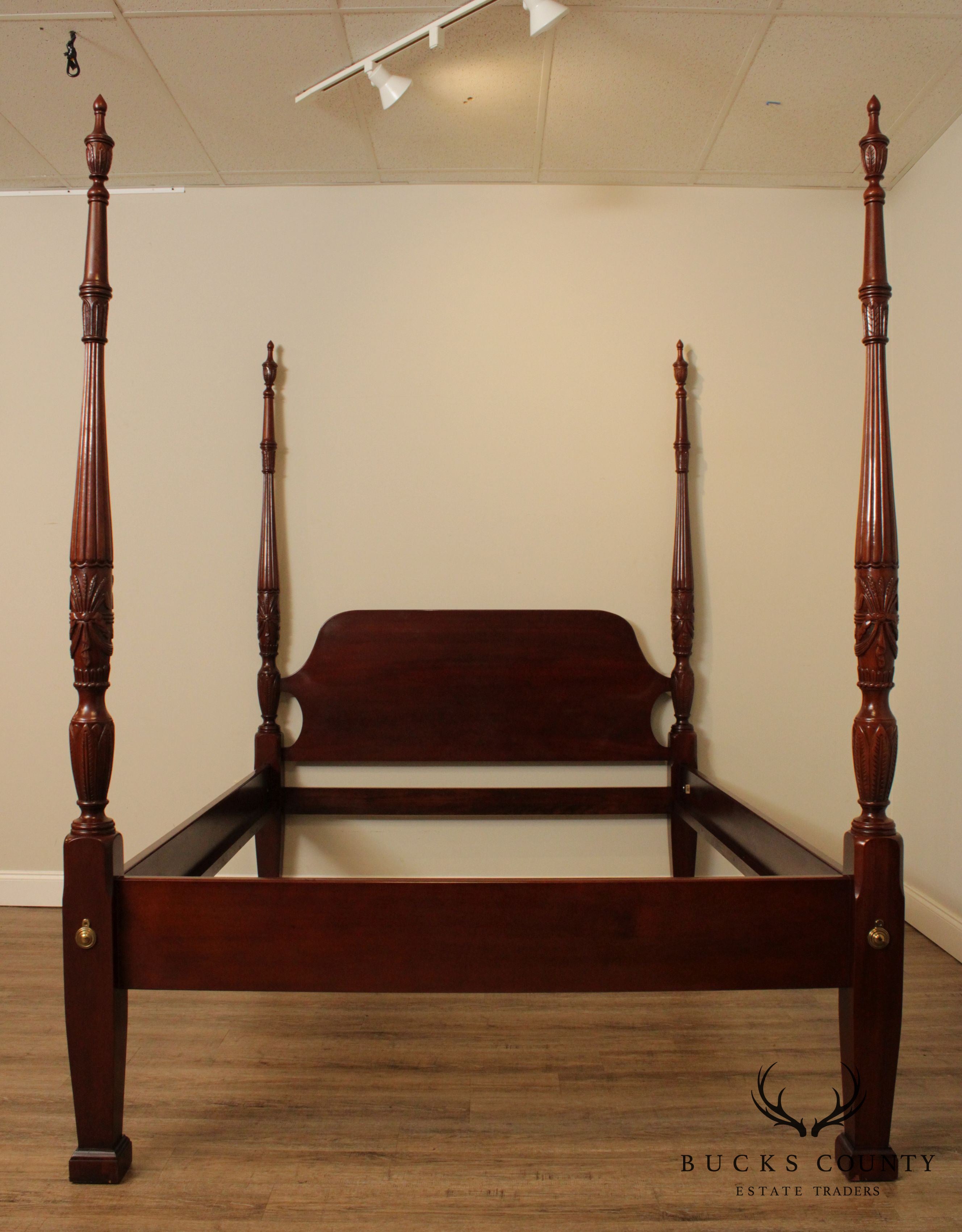 Link Taylor Solid Mahogany Queen Size Rice Carved Poster Bed