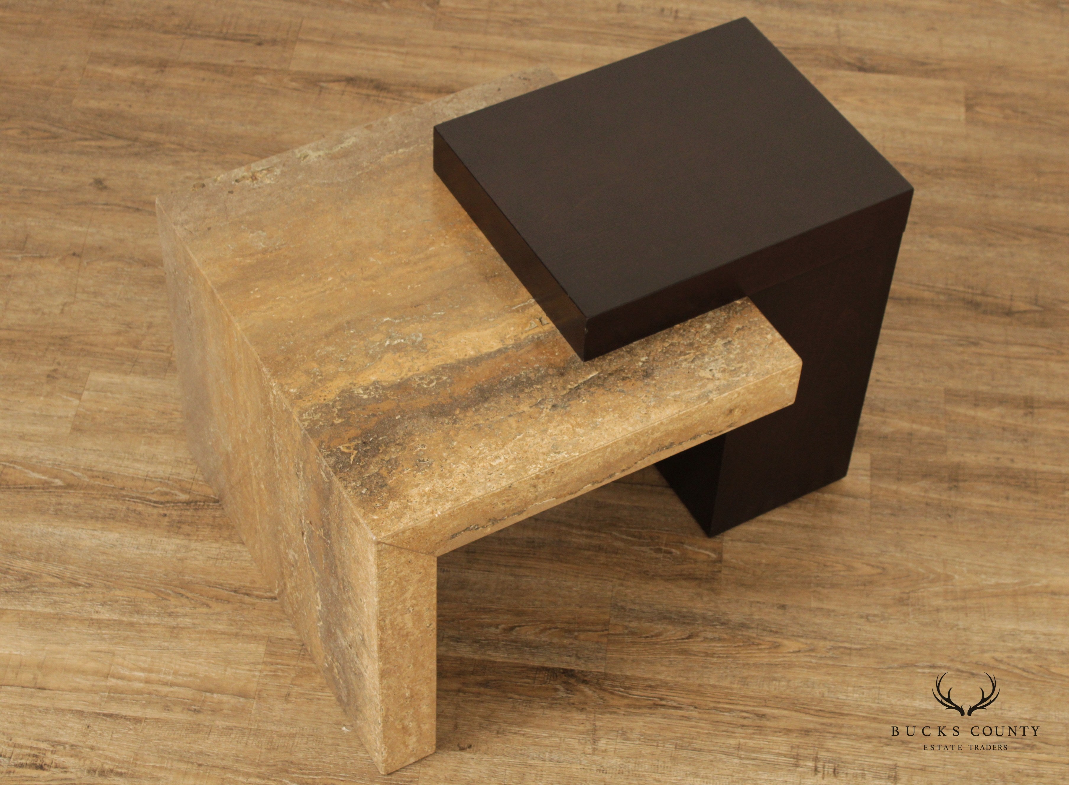 Italian Modern Travertine and Wenge Wood Side Table
