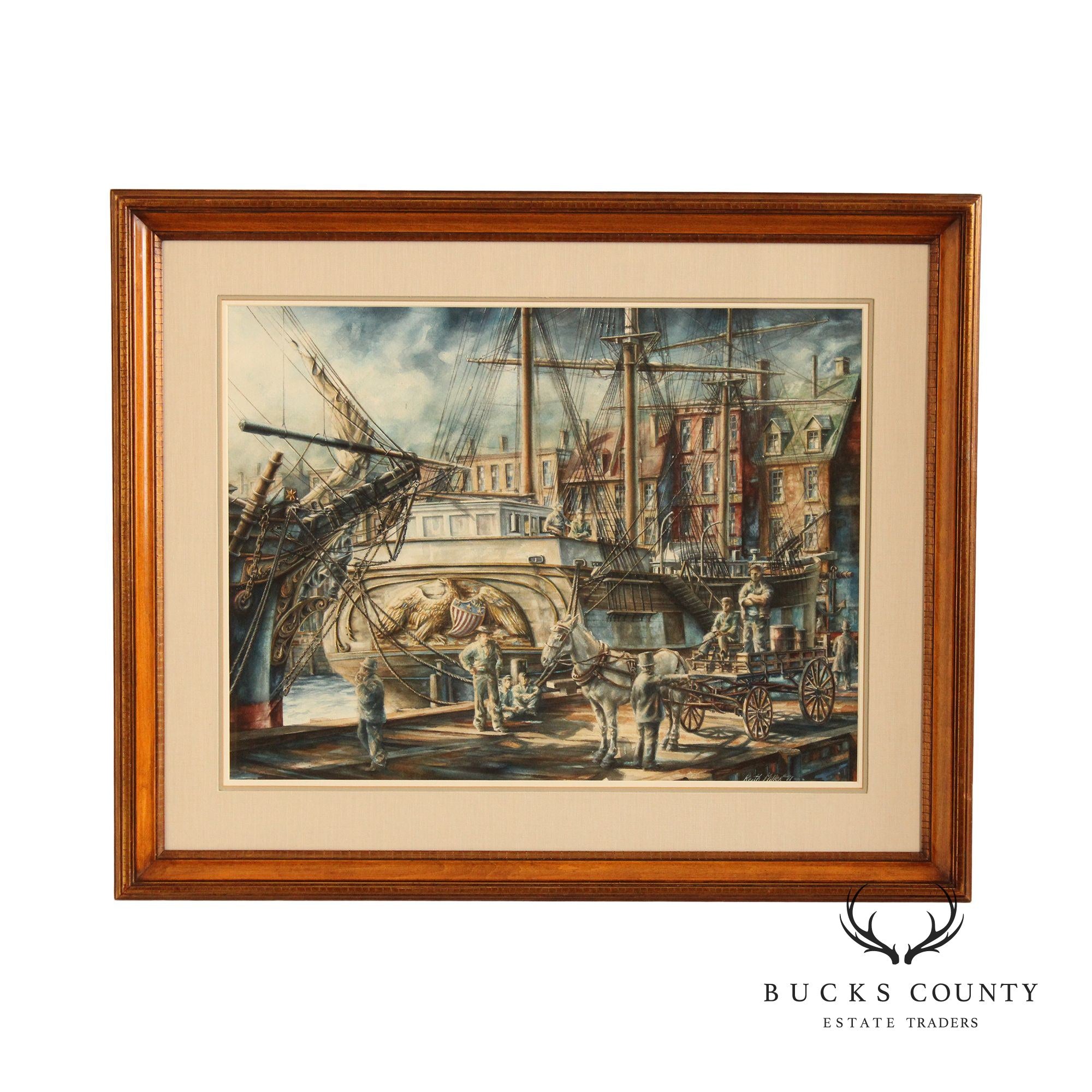 Keith Miller 1970s Ship Loading Docks Fine Art Print, Custom Framed