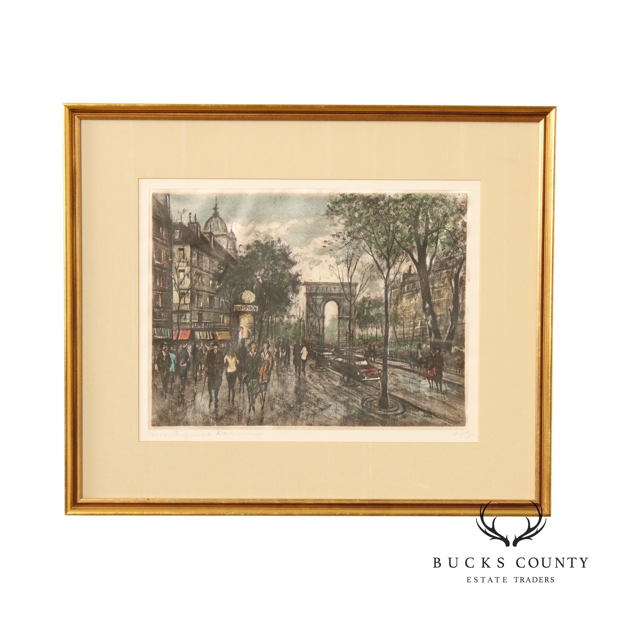 Vintage 20th C. 'Paris' Street Scene Colored Etching, Custom Framed
