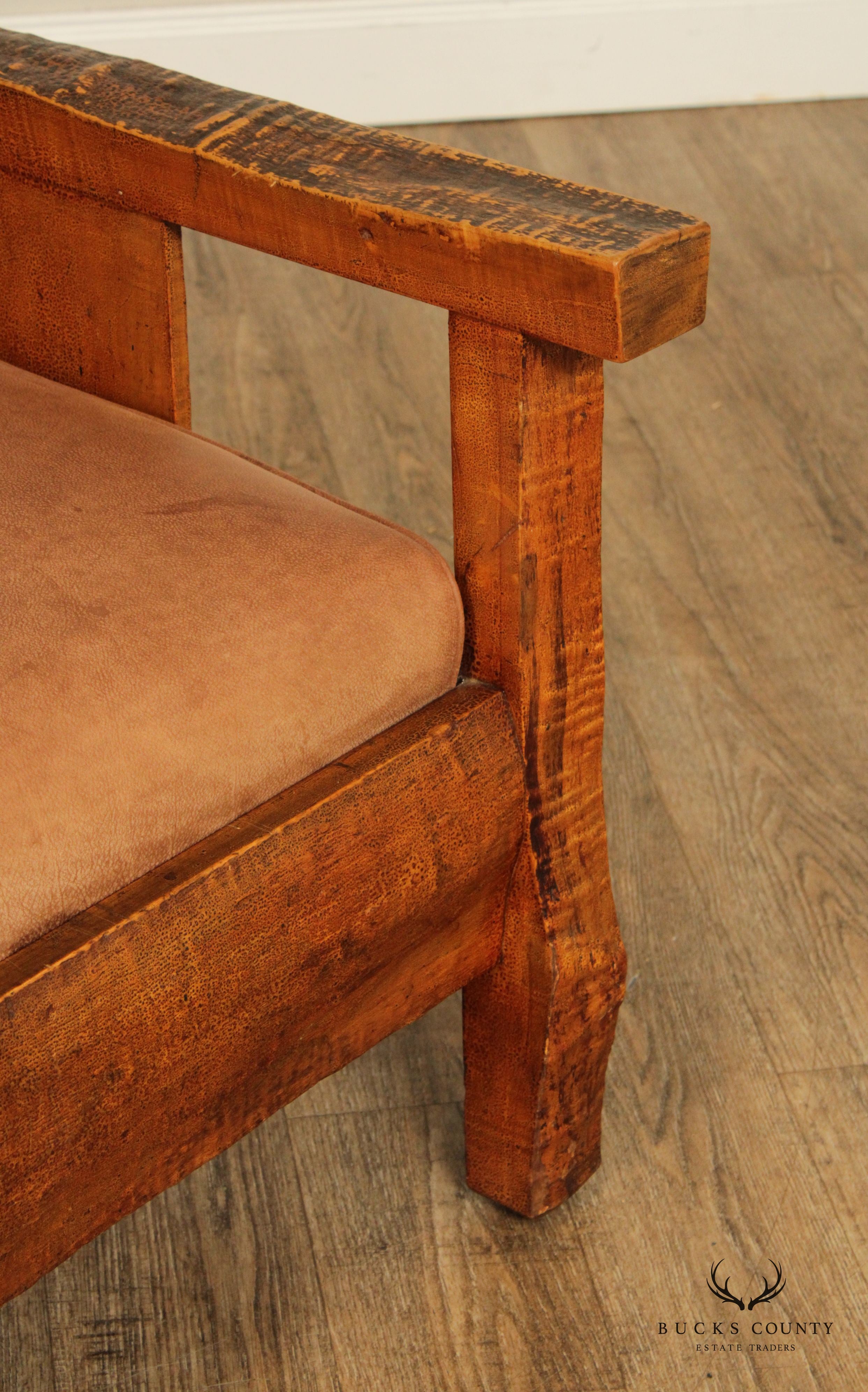 Antique Adirondack Tiger Maple and Leather Lounge Arm Chair