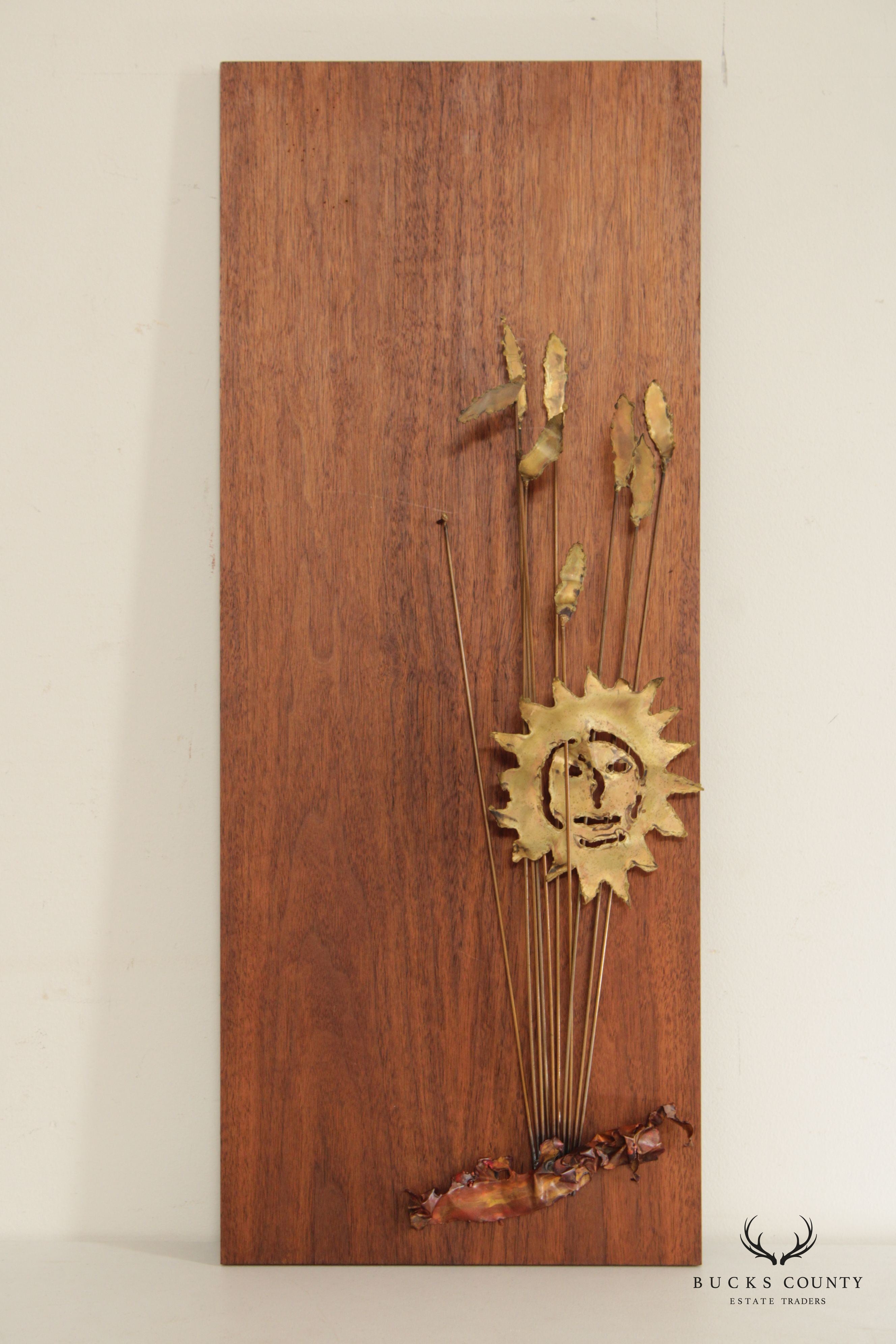 Mid Century Brutalist Metal And Walnut Wall Sculpture