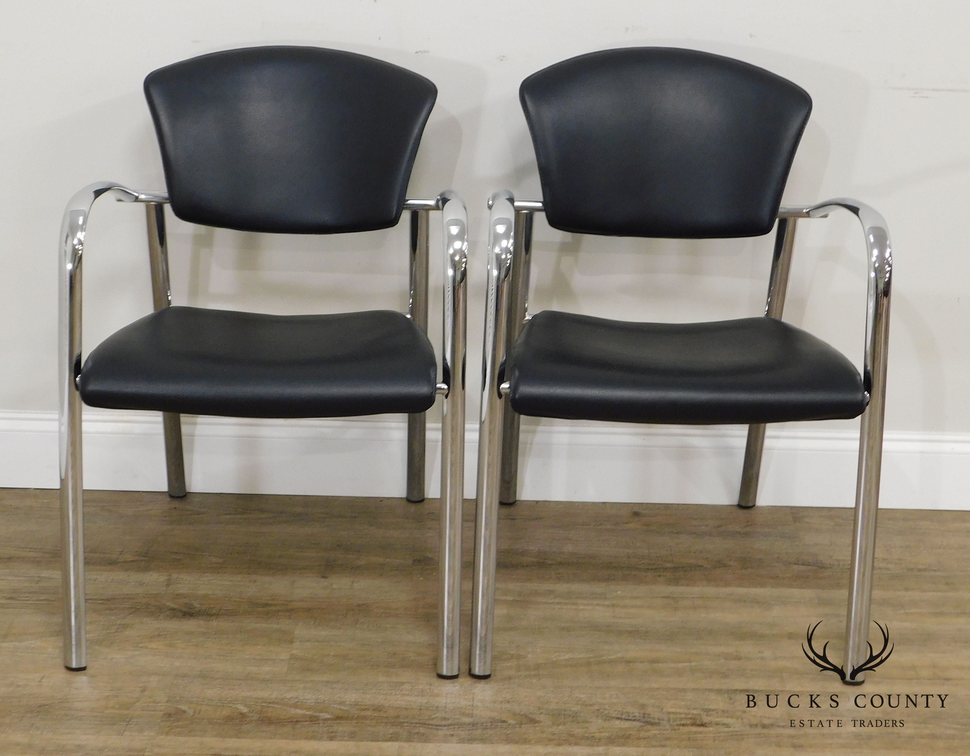 Brayton International Collection Steelcase Pair Chrome & Black Leatherette Armchairs