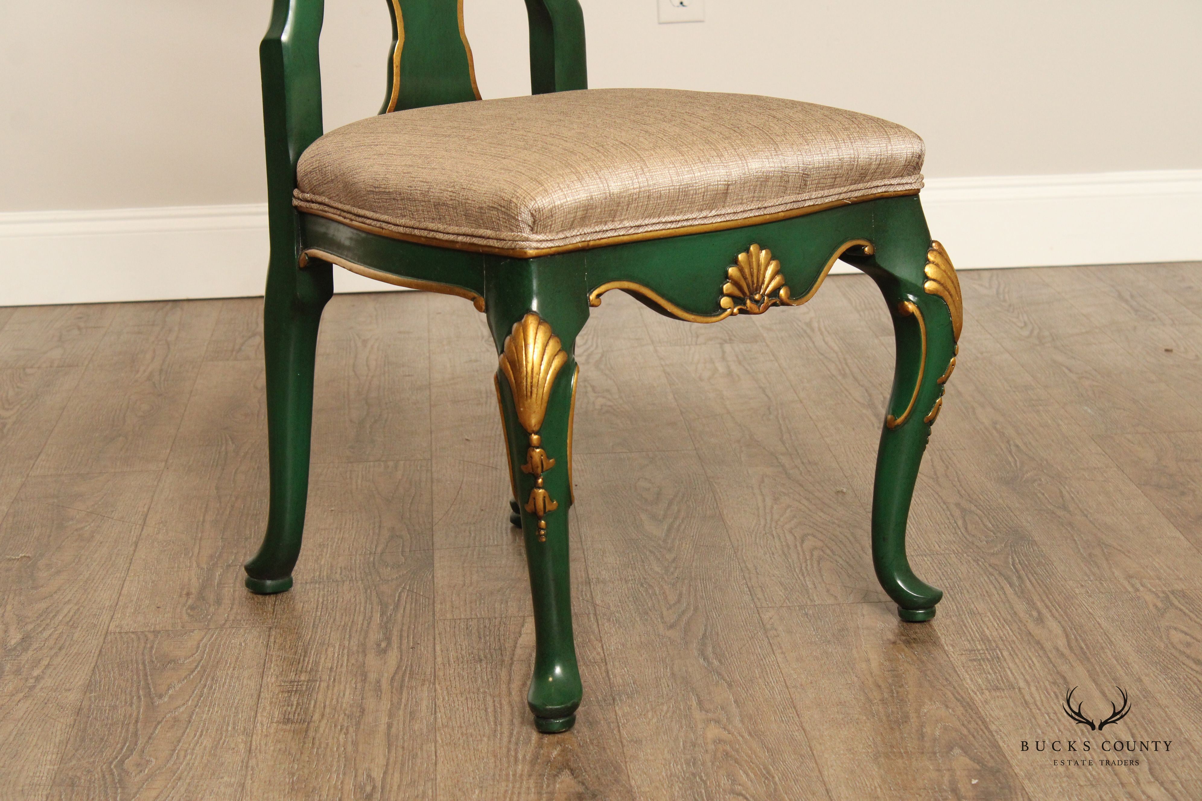 KARGES ROCOCO STYLE GREEN AND GOLD SET OF 12 DINING CHAIRS