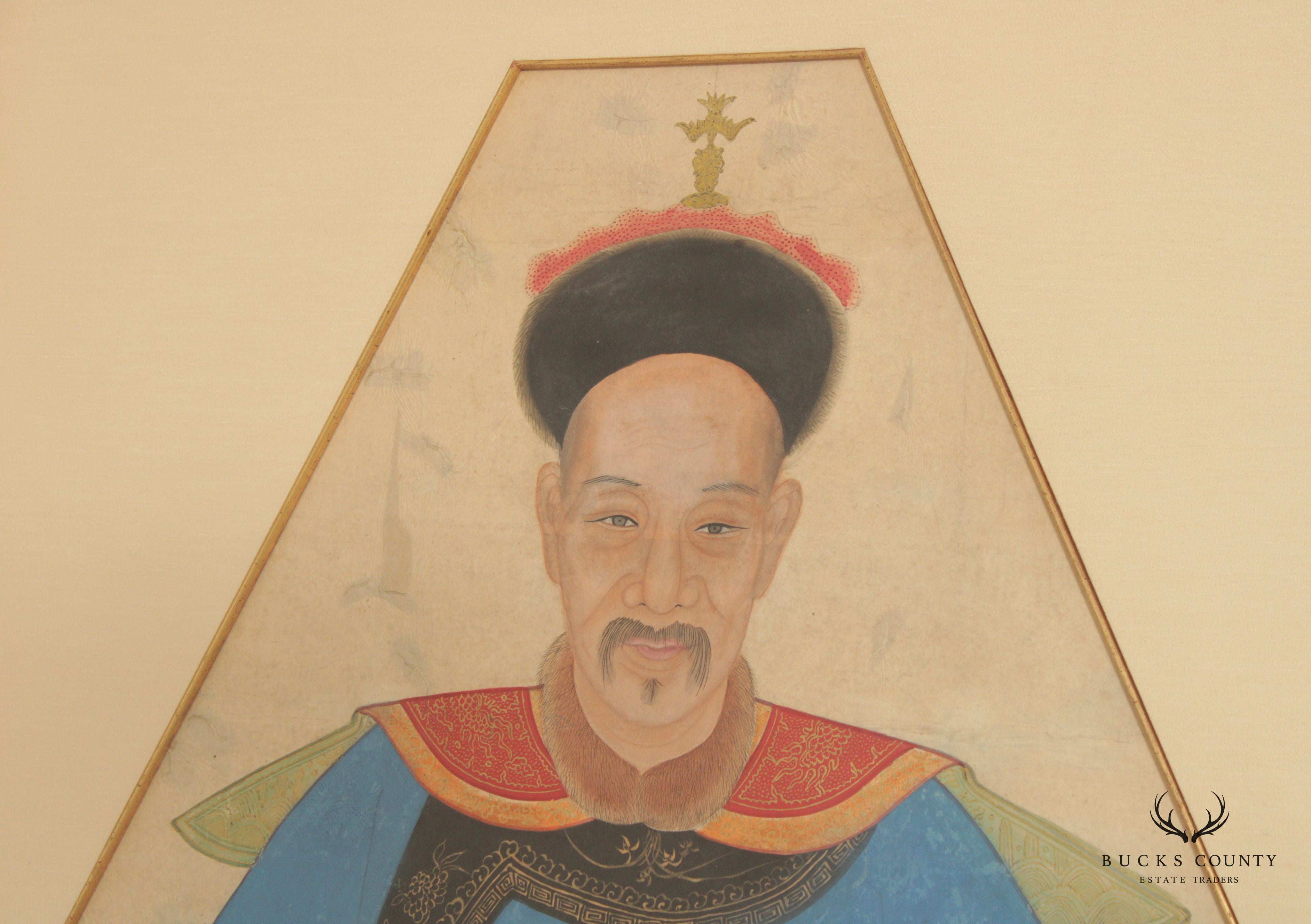 Antique Chineses Pair Ancestral Watercolor Portraits