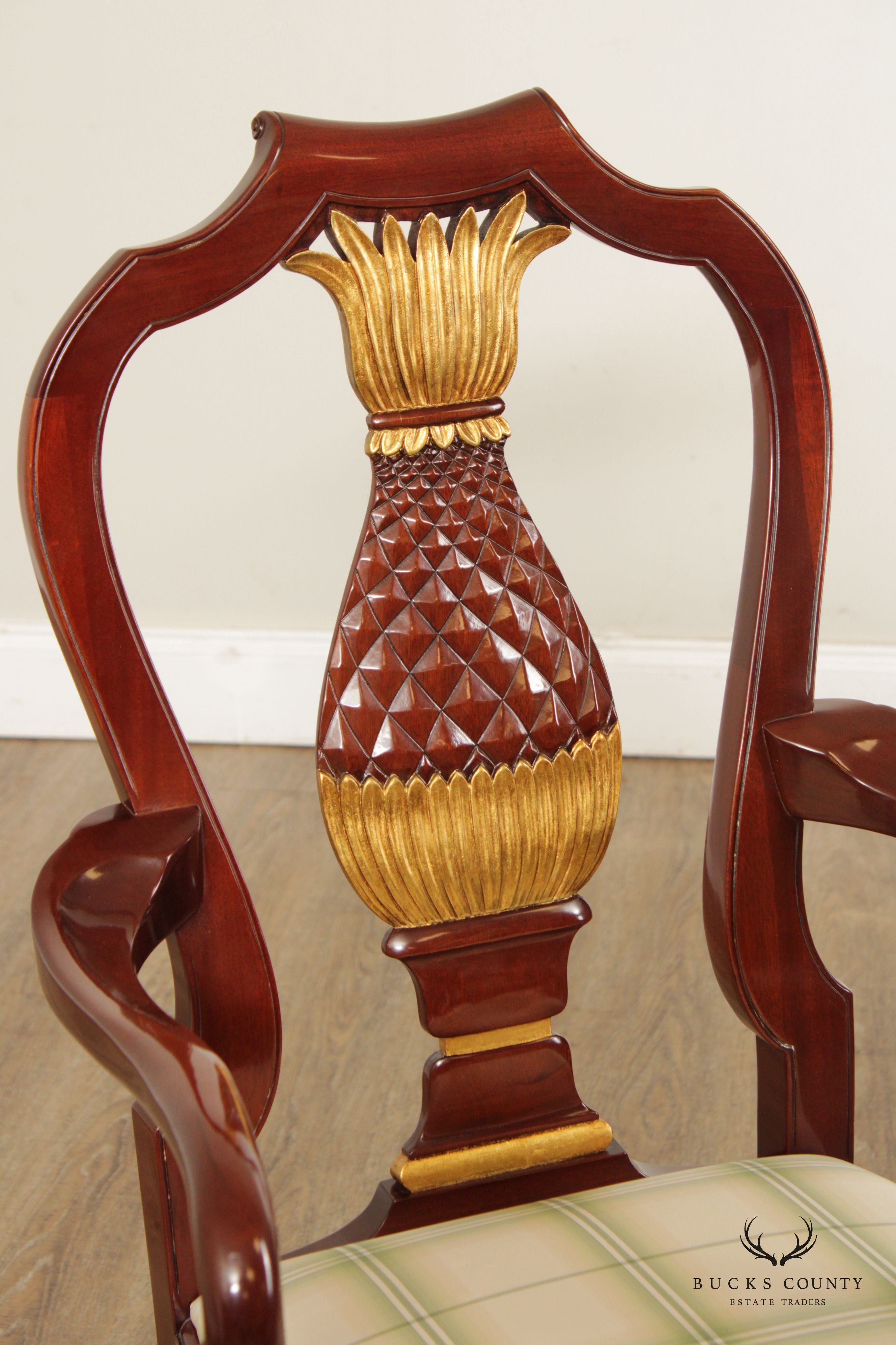 Kindel Pair Parcel Gilt Pineapple Carved Mahogany Armchairs