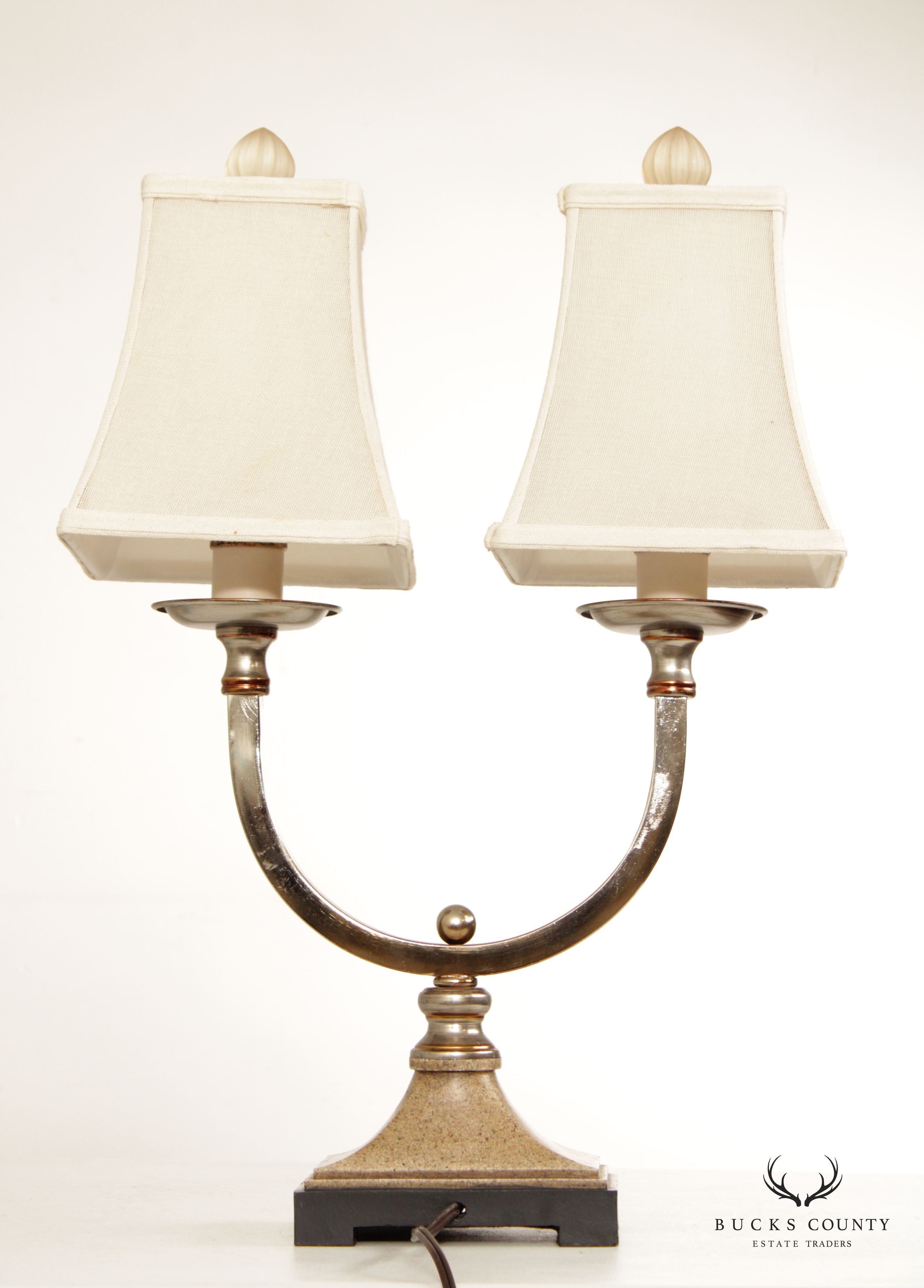 Modern Neoclassical Style Pair of Chrome Two-Light Table Lamps (B)