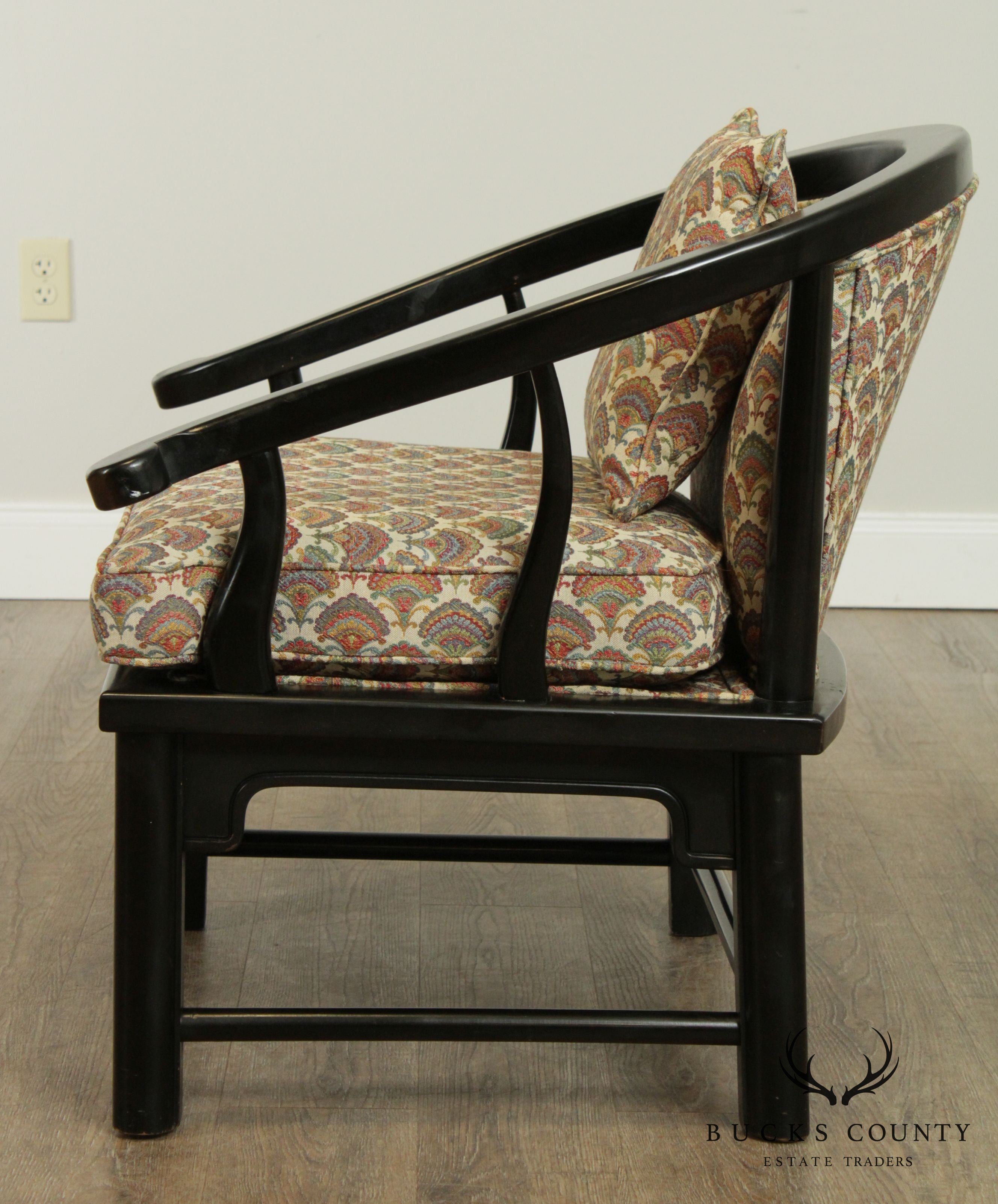 Mid Century Vintage Black Lacquered Asian Inspired Curved Back Armchairs